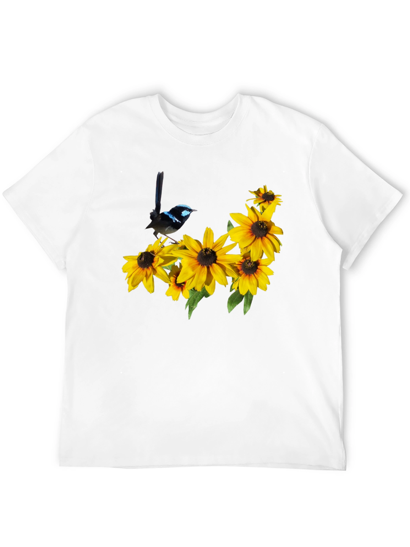Black T-Shirt with Bird and Sunflower Graphic