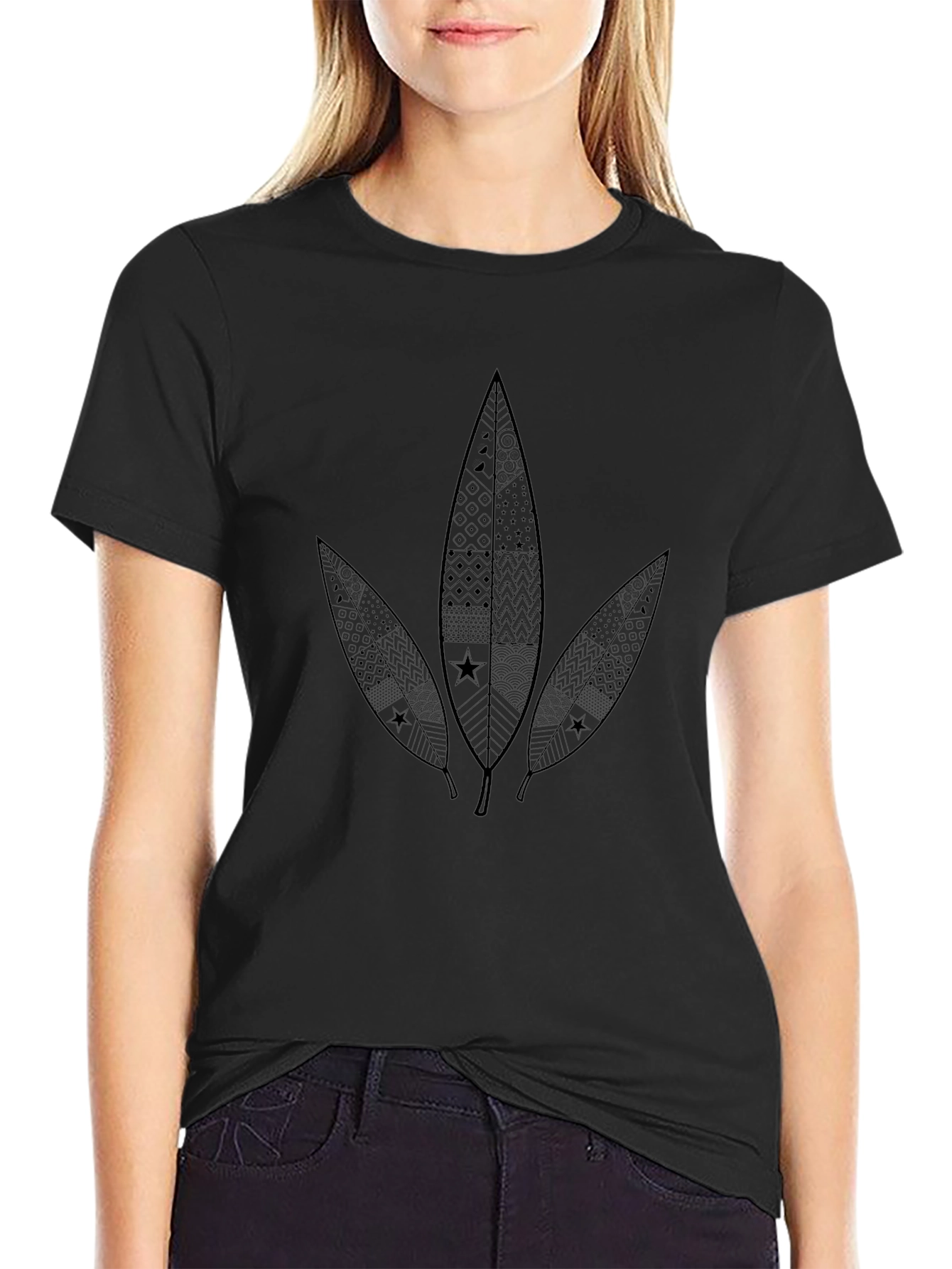 Leaf Pattern Black T-Shirt