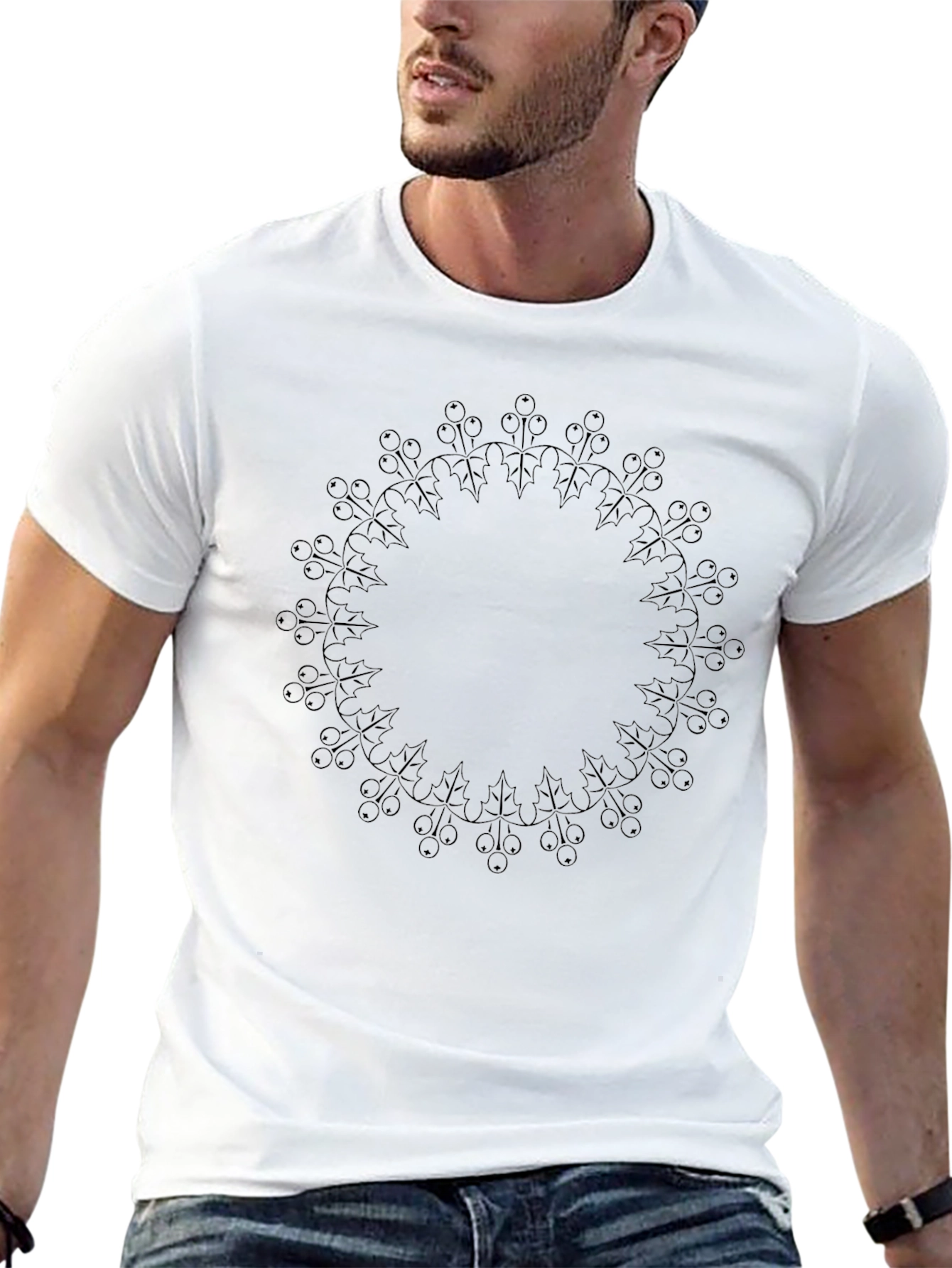 Elegant Black Tee with Circular Holly Berry Design