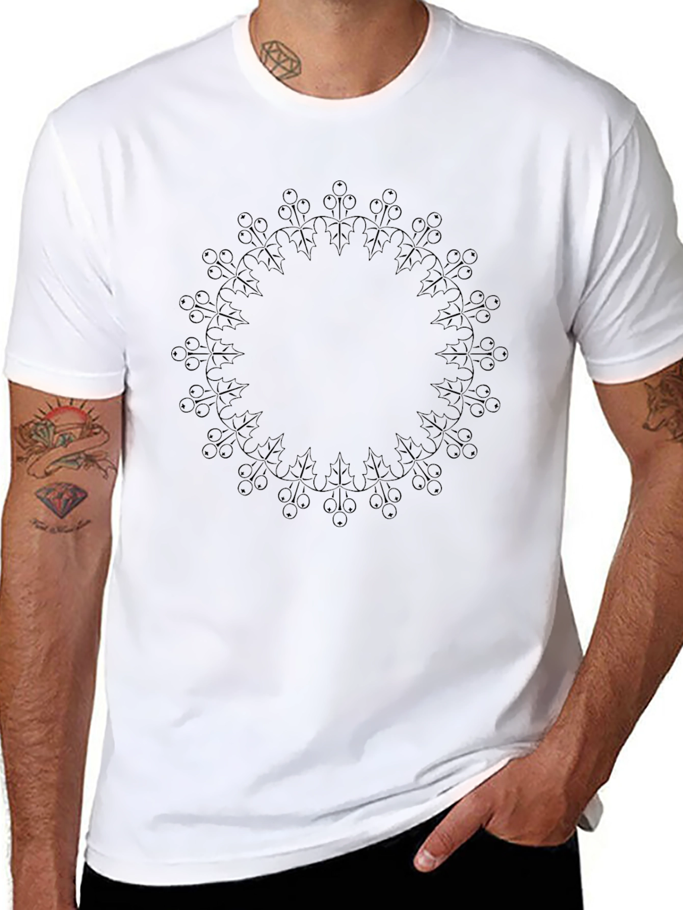 Elegant Black Tee with Circular Holly Berry Design