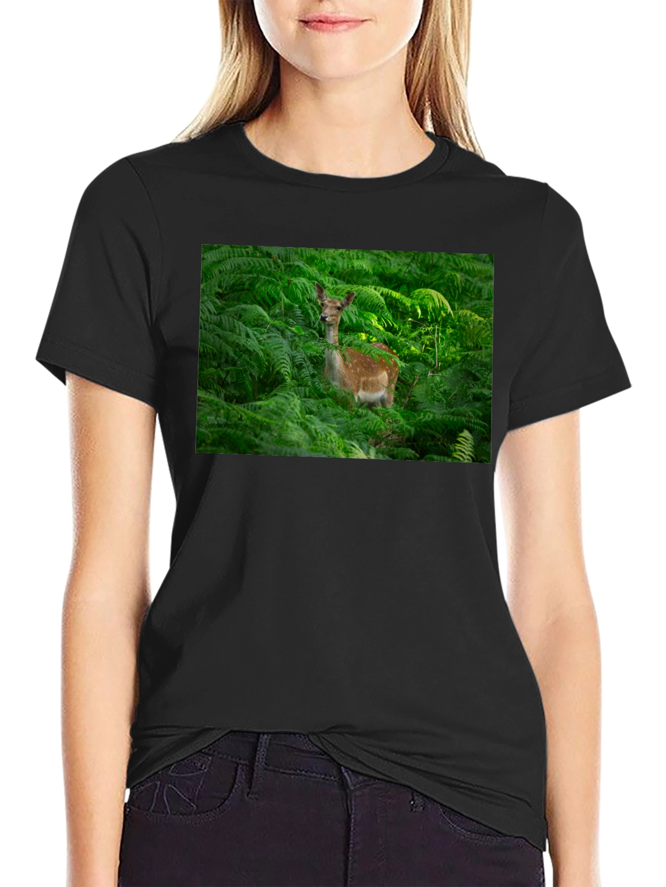 Deer in Ferns Black T-Shirt - Nature Lover Tee