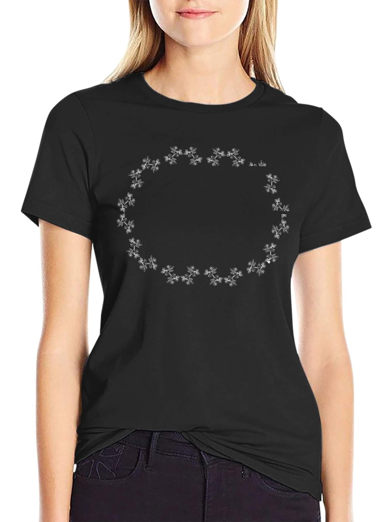 Black Tee with Floral Circle Design