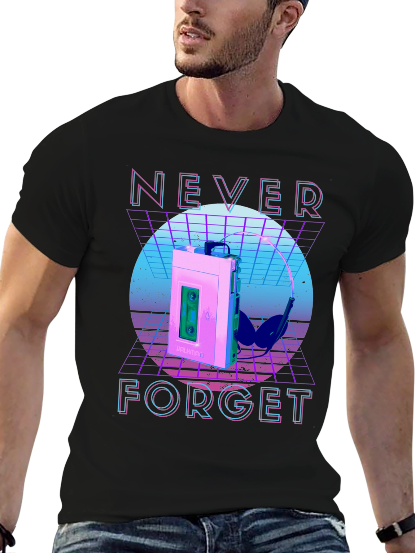 Retro Wave Never Forget Cassette Player Graphic T-Shirt
