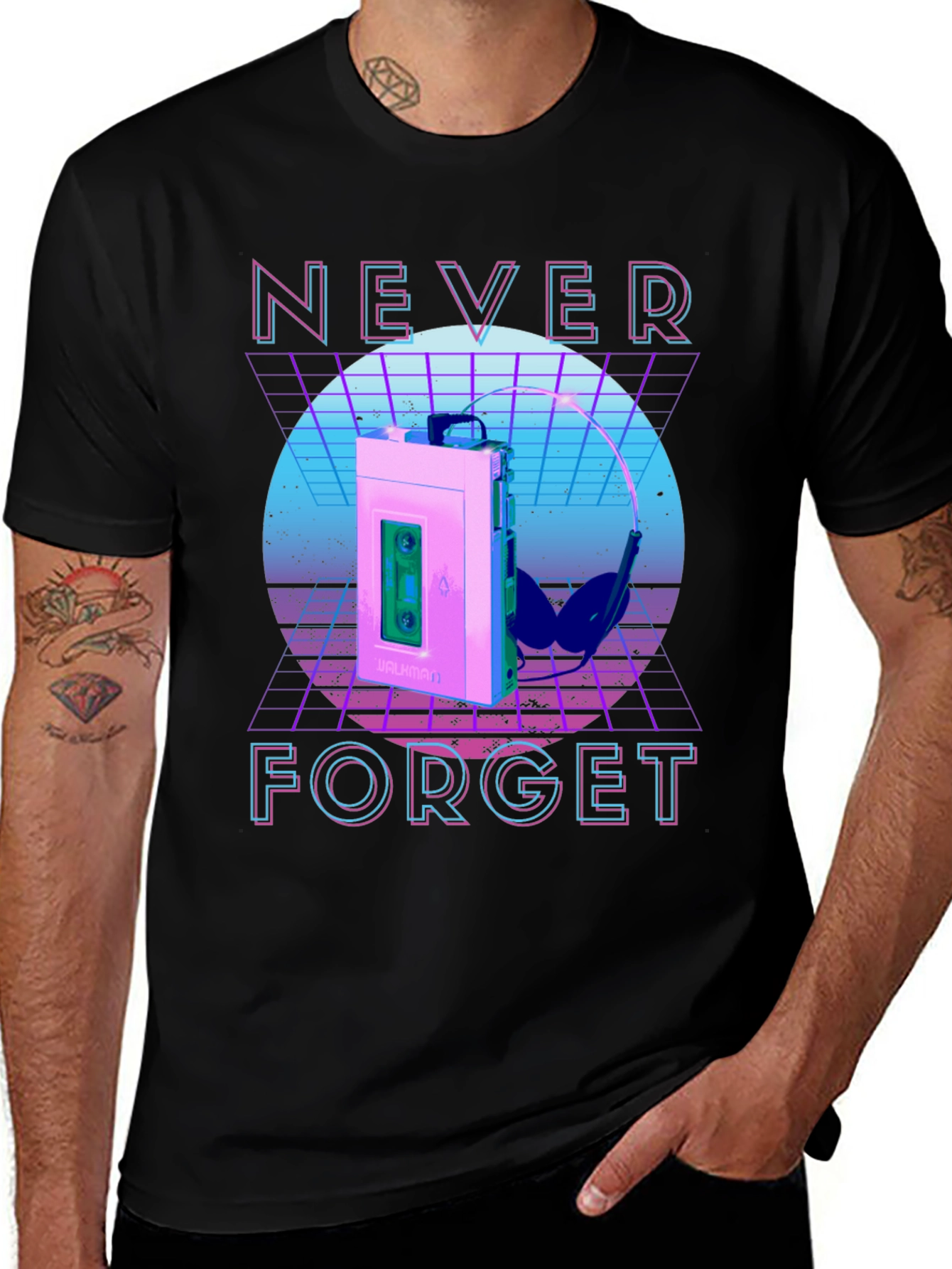 Retro Wave Never Forget Cassette Player Graphic T-Shirt