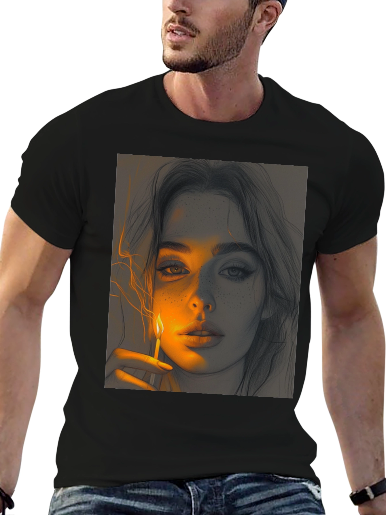 Artistic Portrait Graphic Tee - Soft Black Cotton
