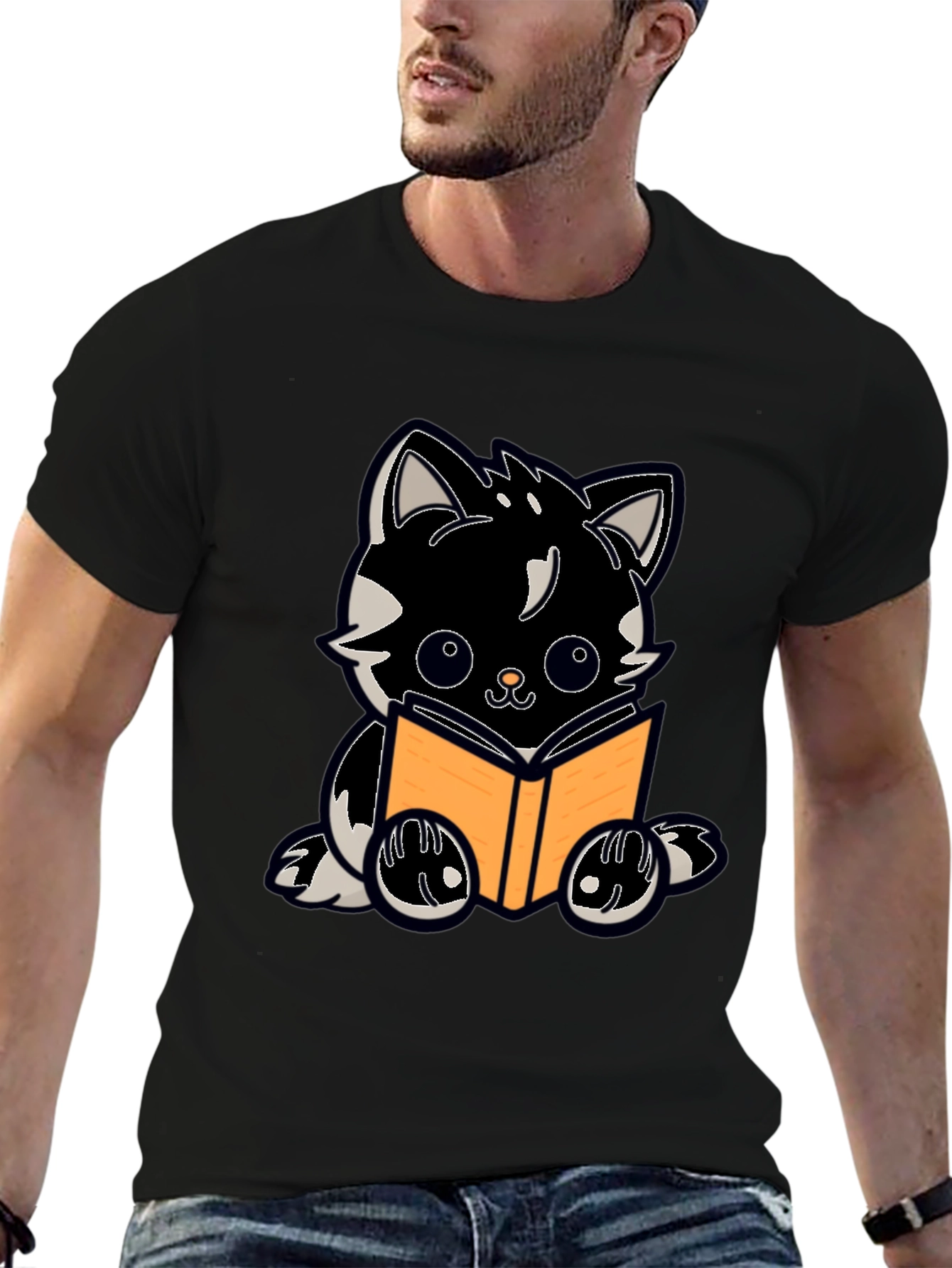 Cartoon Cat Reading Book Graphic Tee