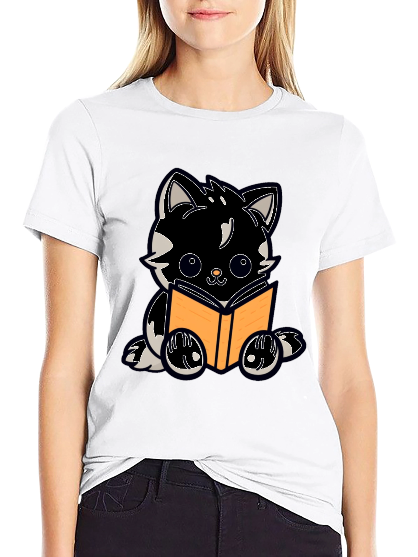 Cartoon Cat Reading Book Graphic Tee