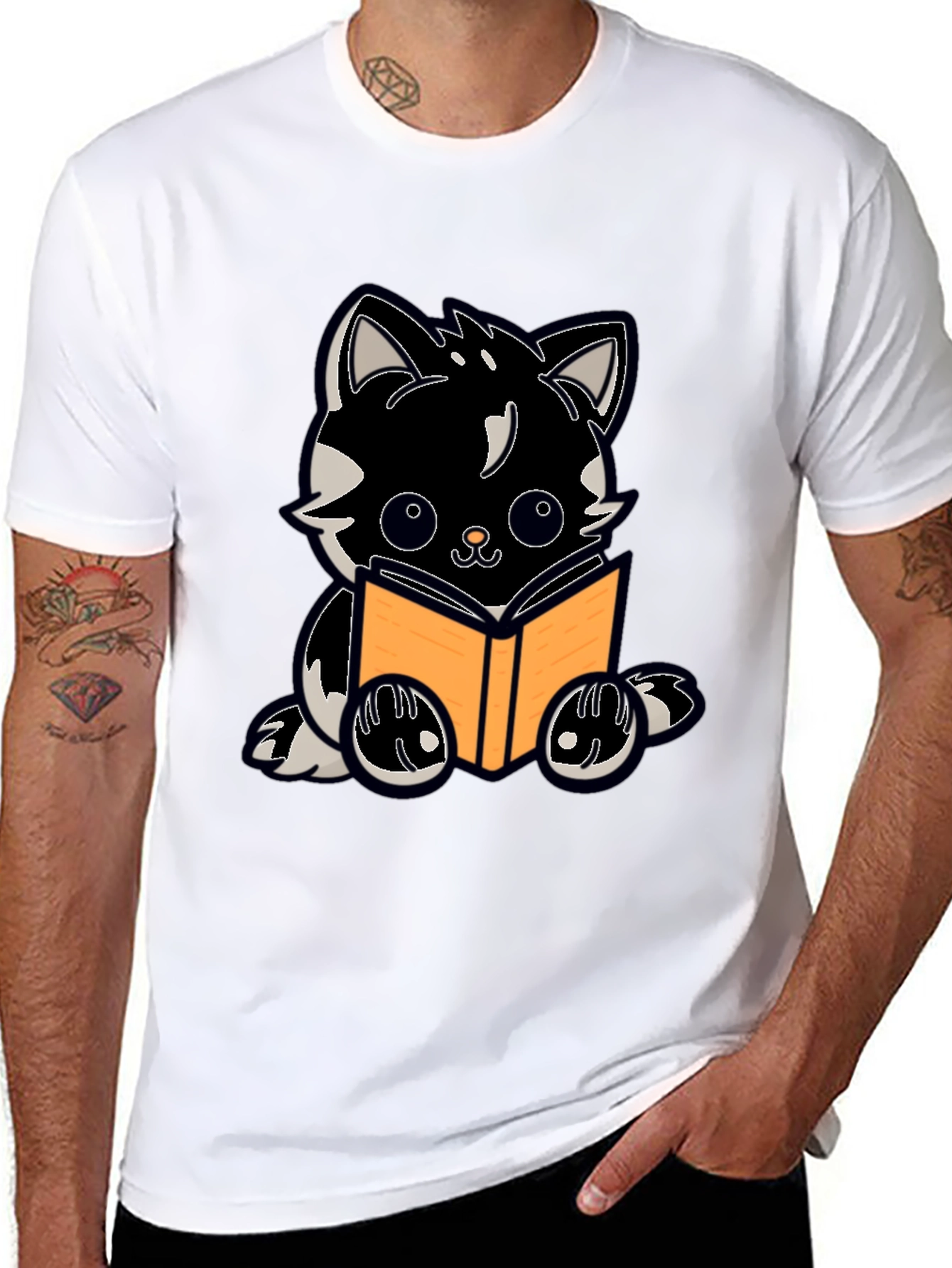 Cartoon Cat Reading Book Graphic Tee