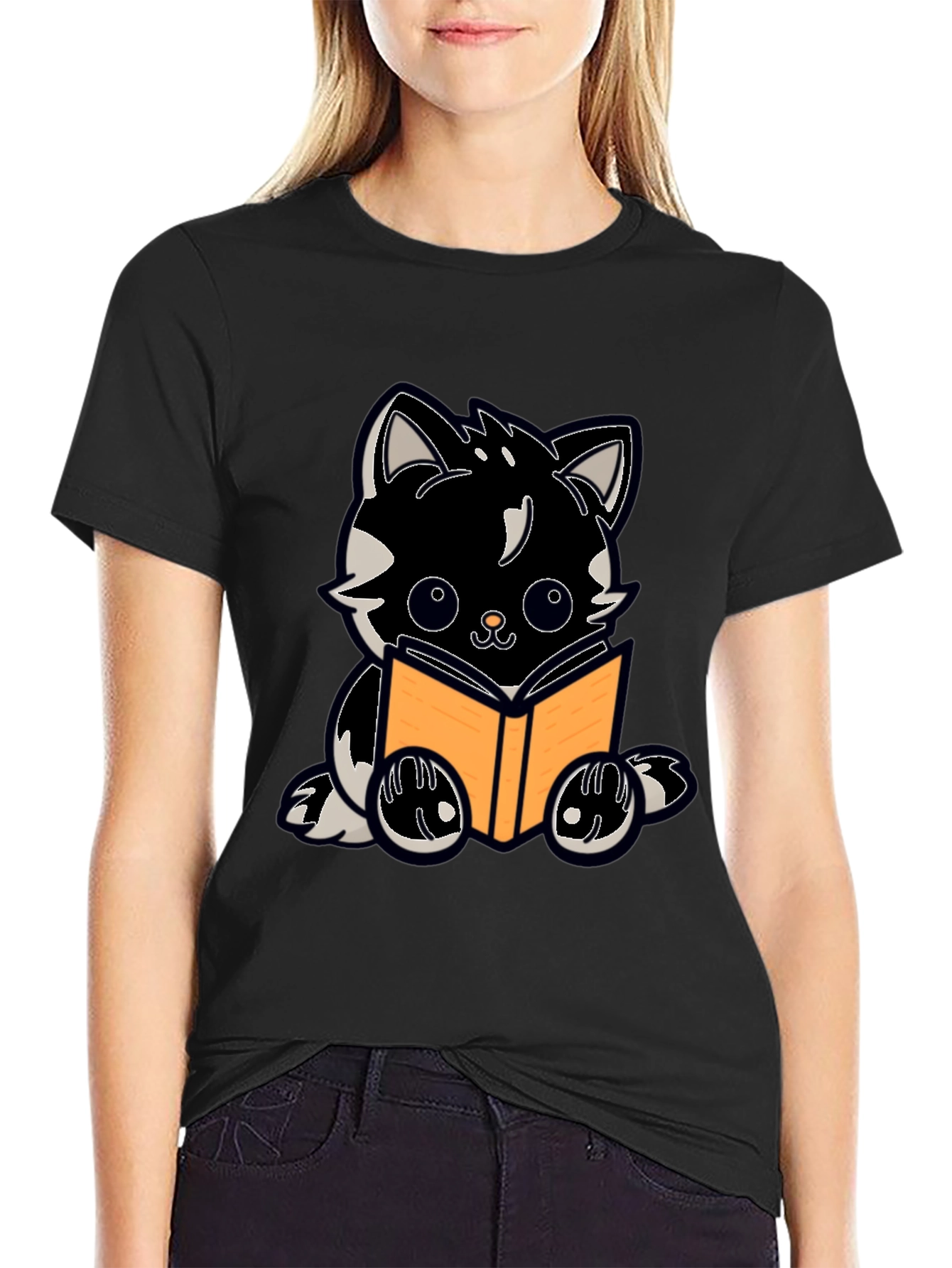 Cartoon Cat Reading Book Graphic Tee