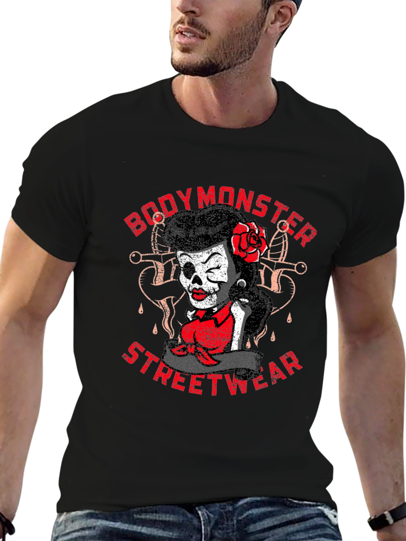 BodyMonster Streetwear Skull Pin-Up Black T-Shirt