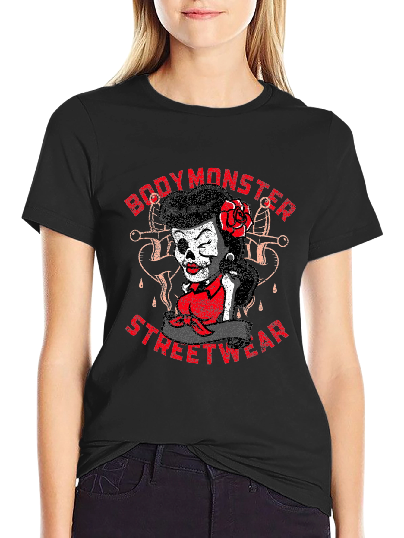 BodyMonster Streetwear Skull Pin-Up Black T-Shirt