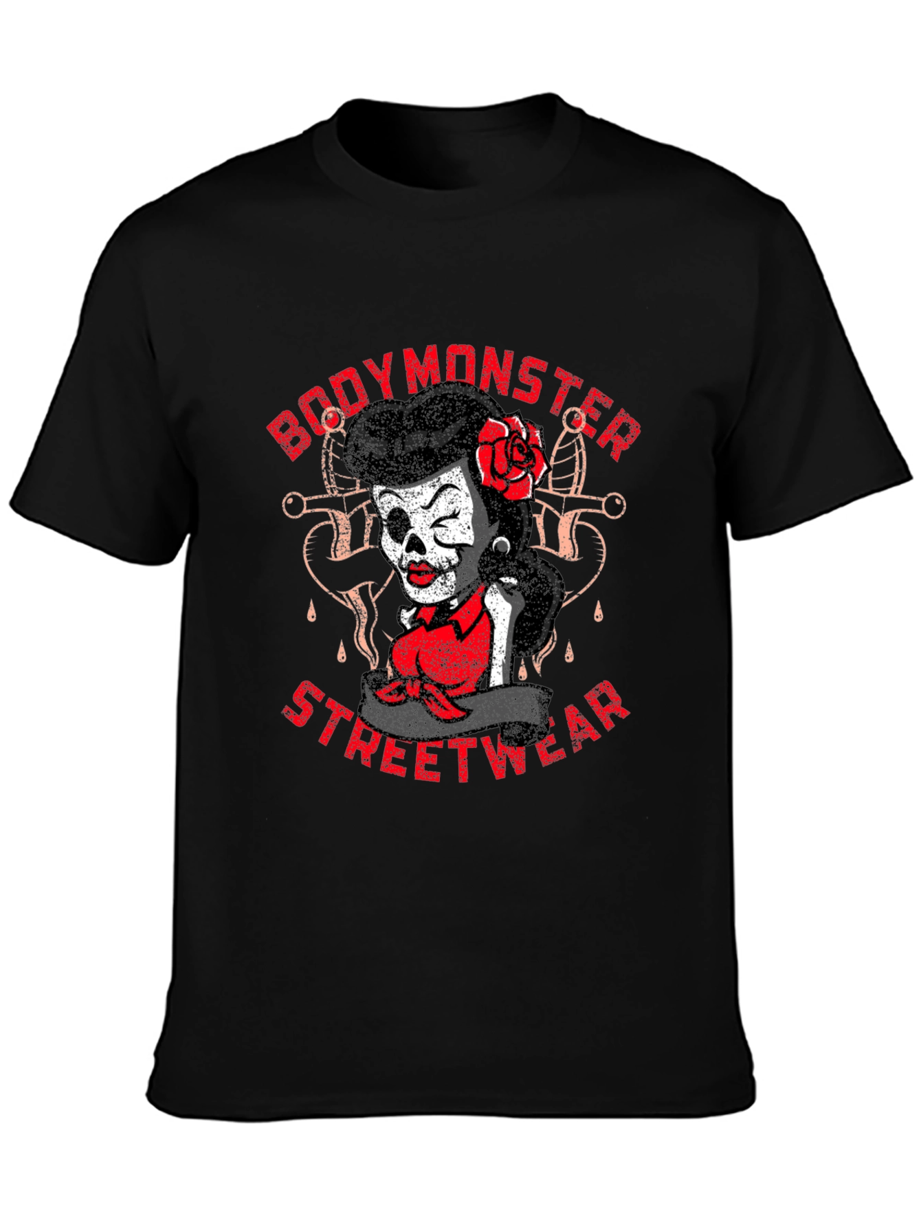 BodyMonster Streetwear Skull Pin-Up Black T-Shirt