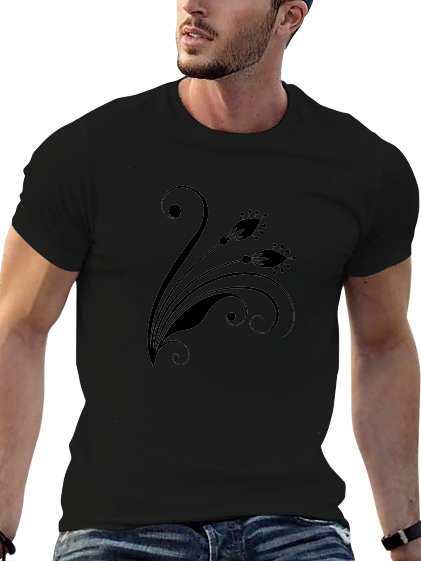 Elegant Black Floral Print Crew Neck T-Shirt