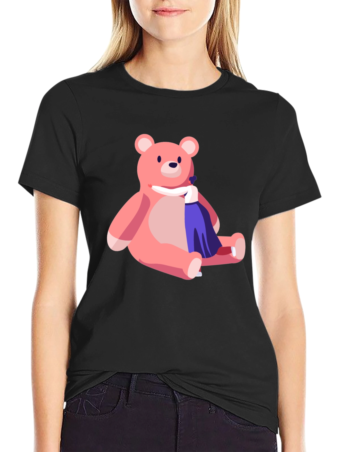 Cute Cartoon Bear Graphic Black T-Shirt