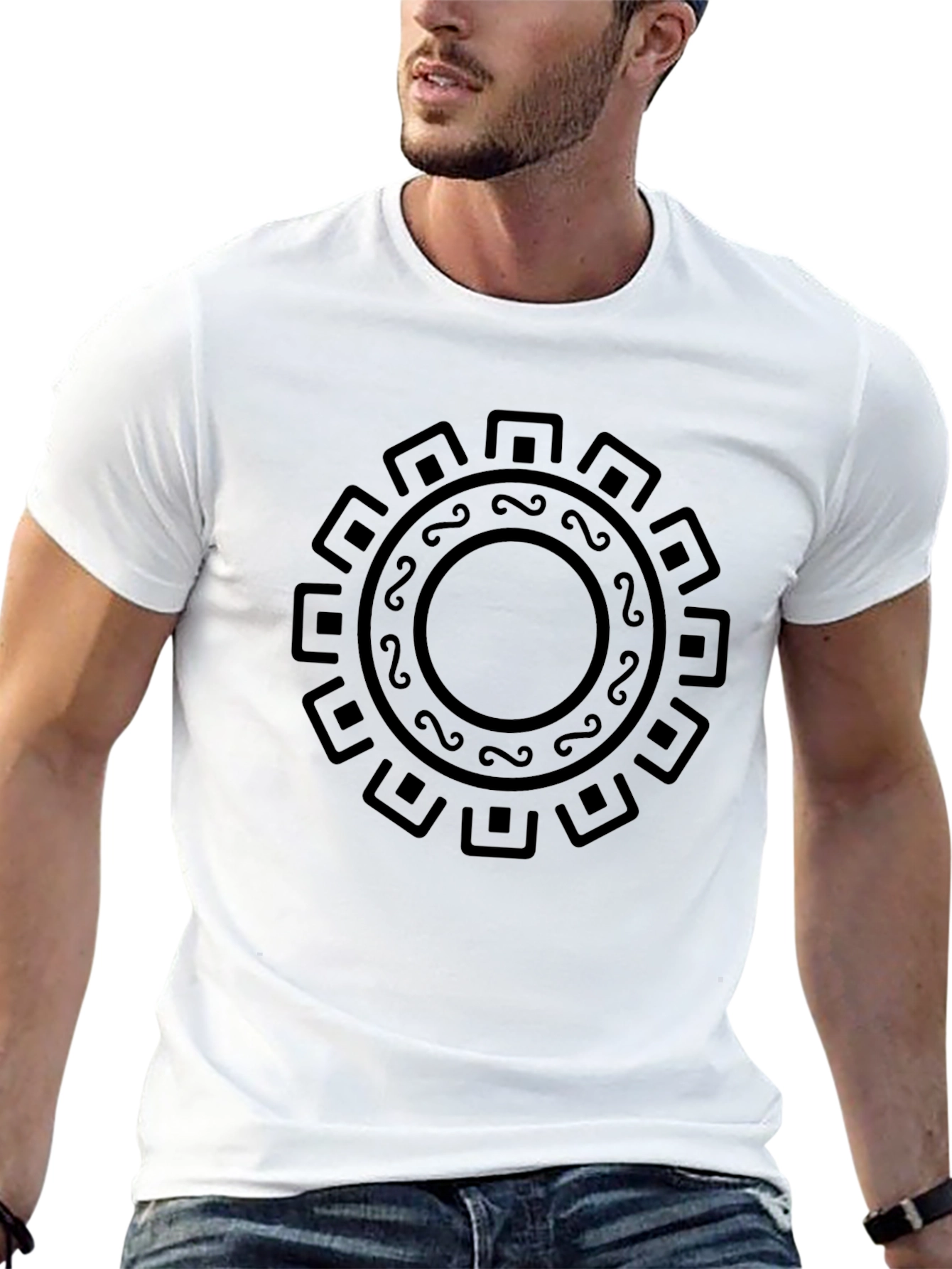 Aztec Sun Symbol Graphic Tee - Black Cotton T-Shirt