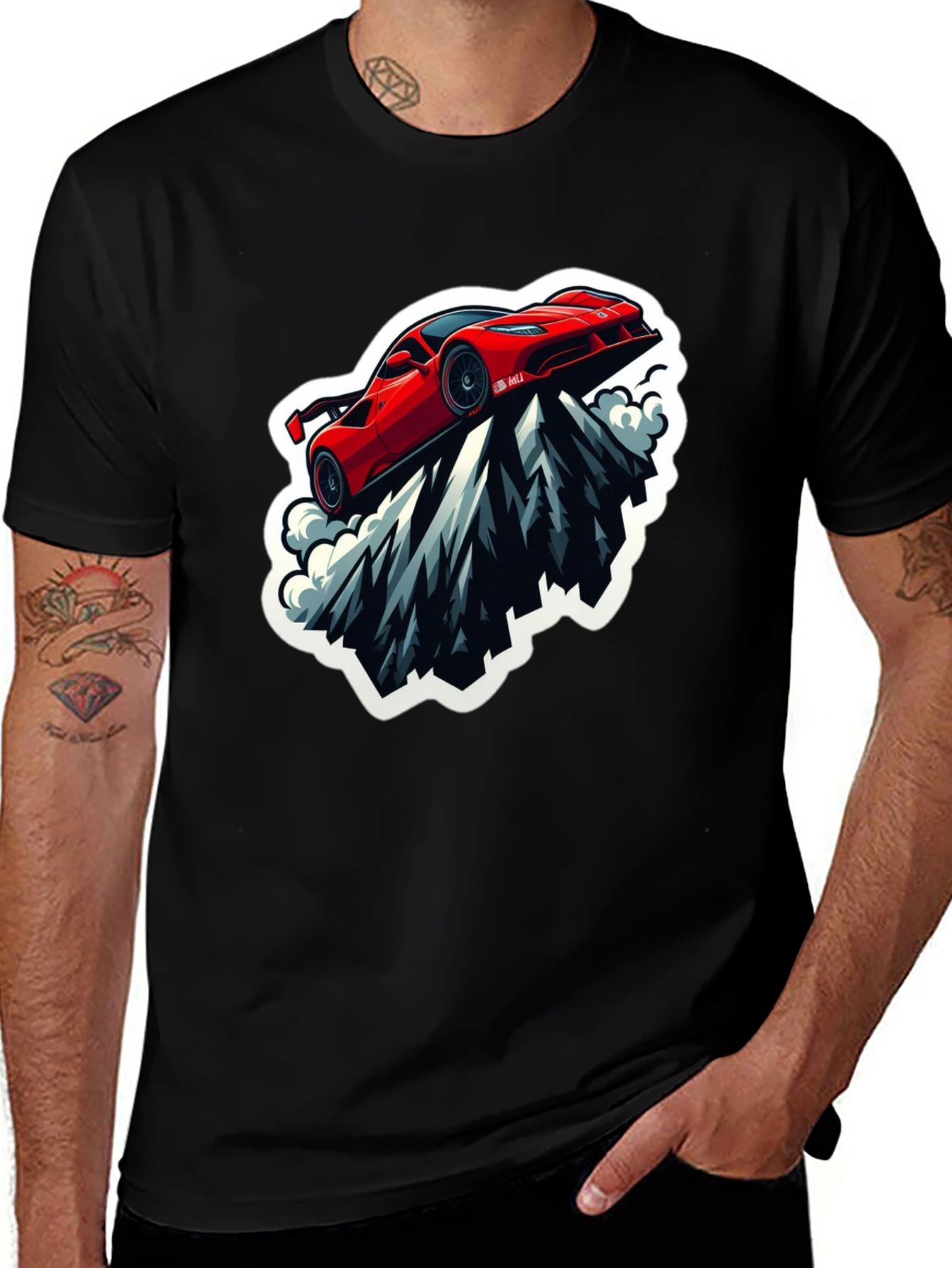 Red Sports Car Mountain Graphic Black T-Shirt