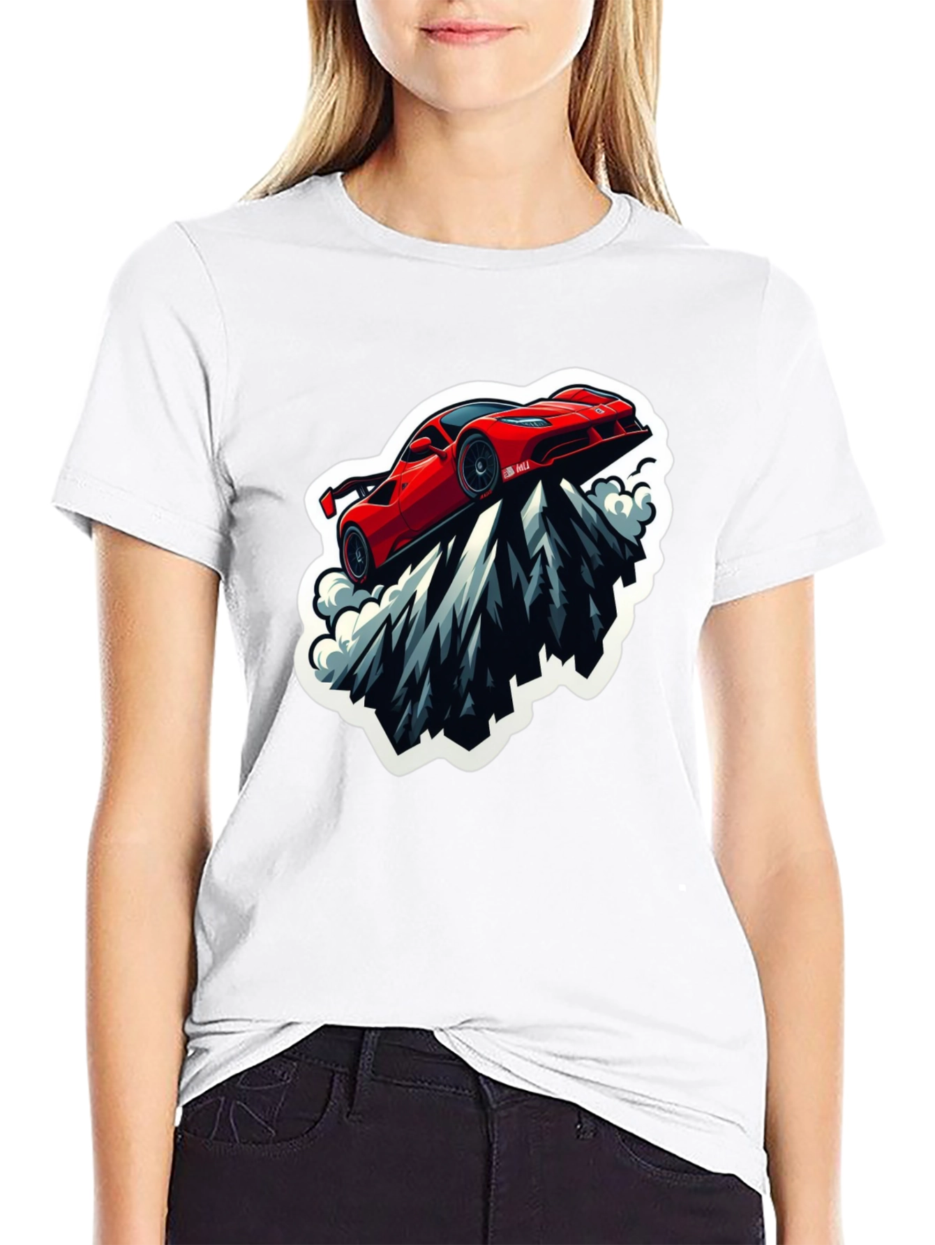 Red Sports Car Mountain Graphic Black T-Shirt