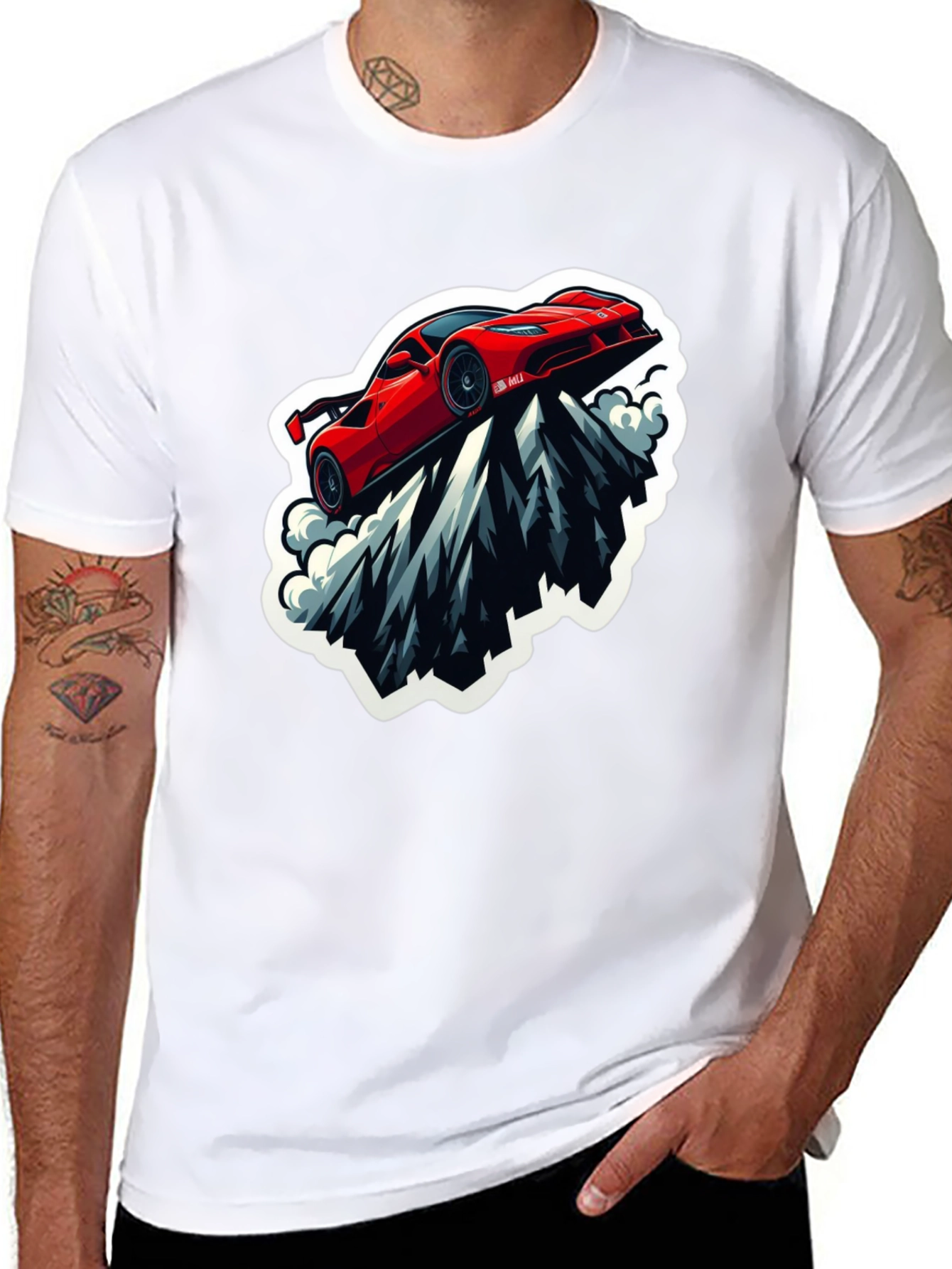 Red Sports Car Mountain Graphic Black T-Shirt