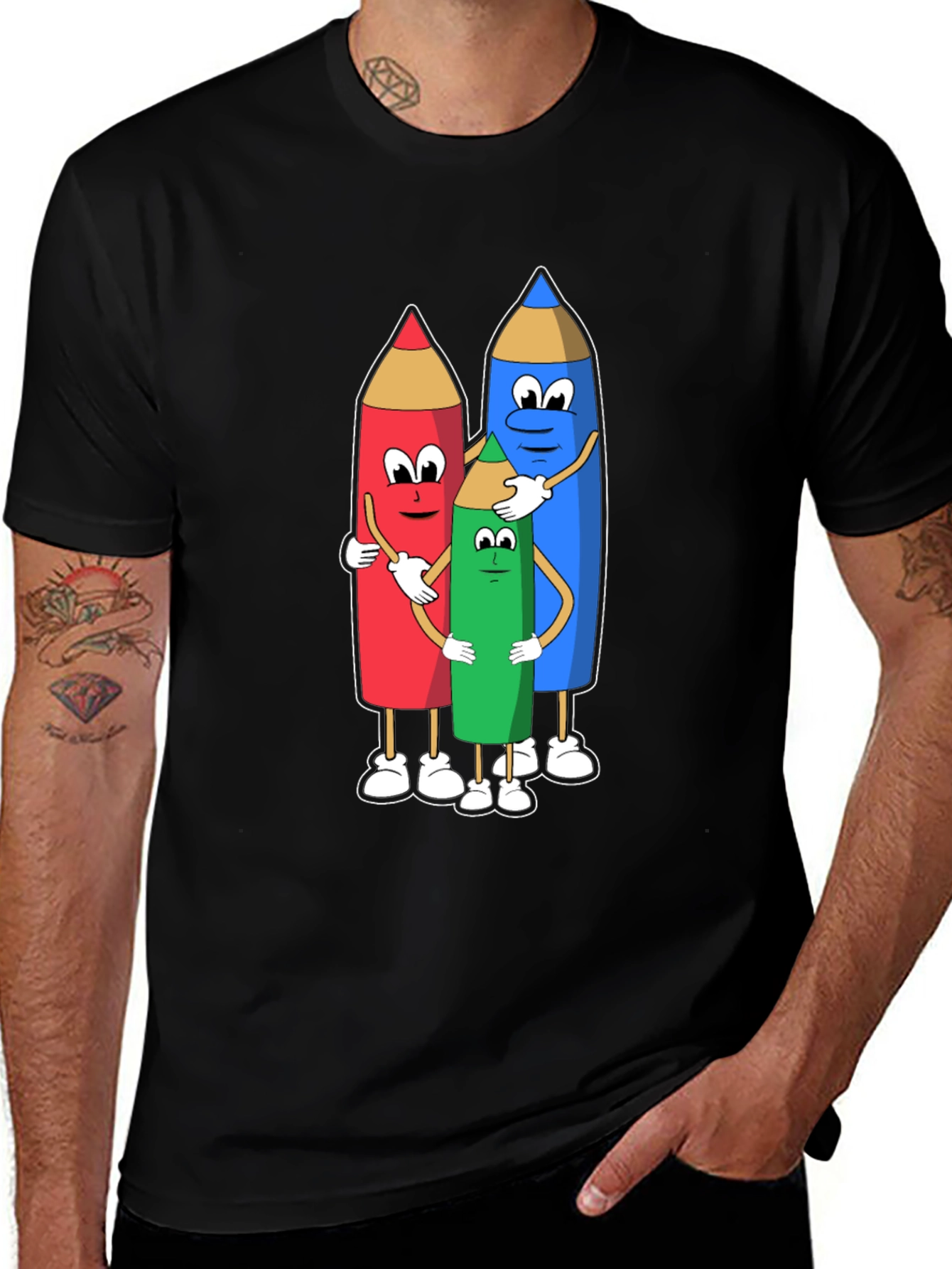 Cartoon Crayon Hug Black T-Shirt