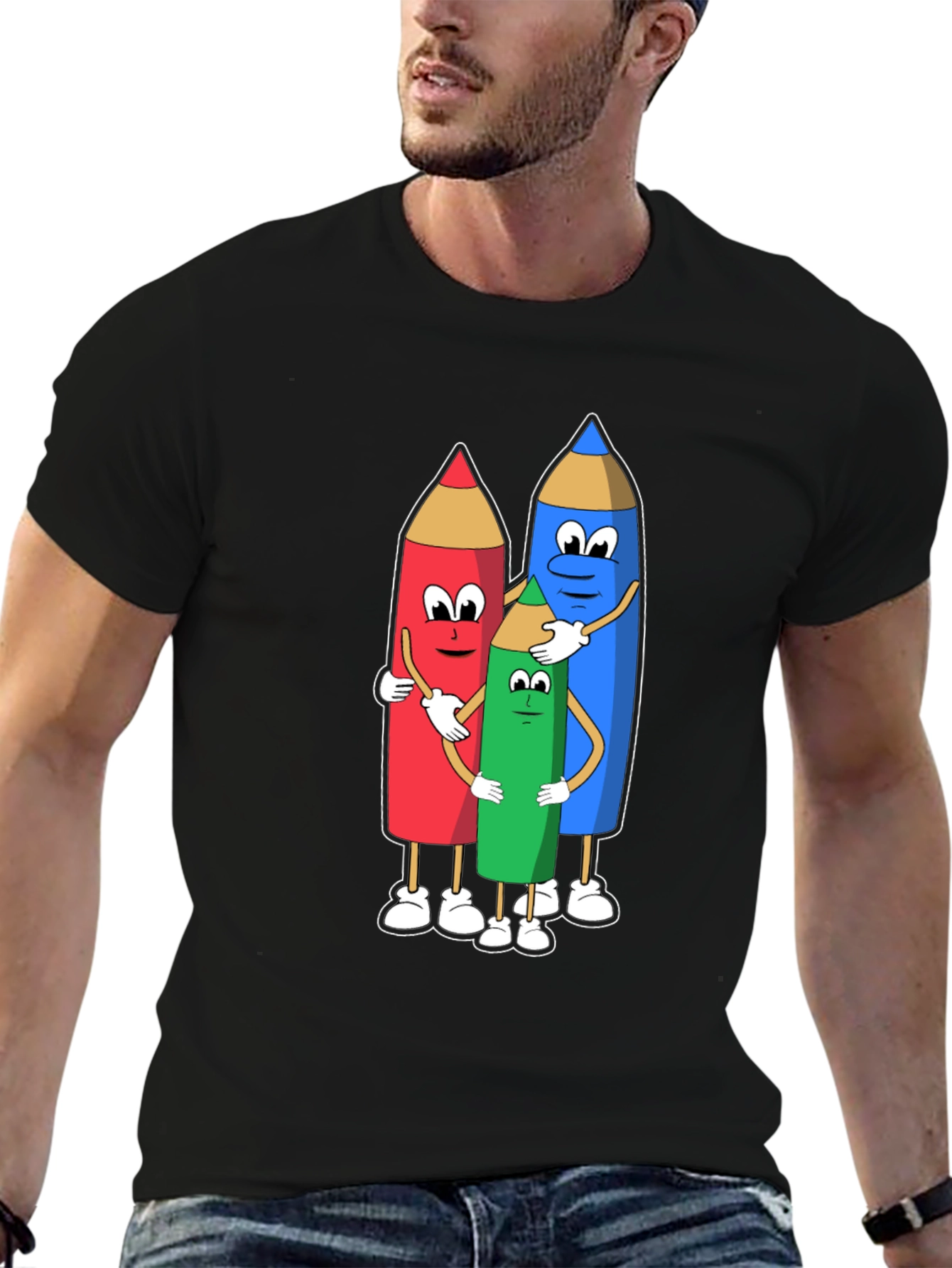 Cartoon Crayon Hug Black T-Shirt