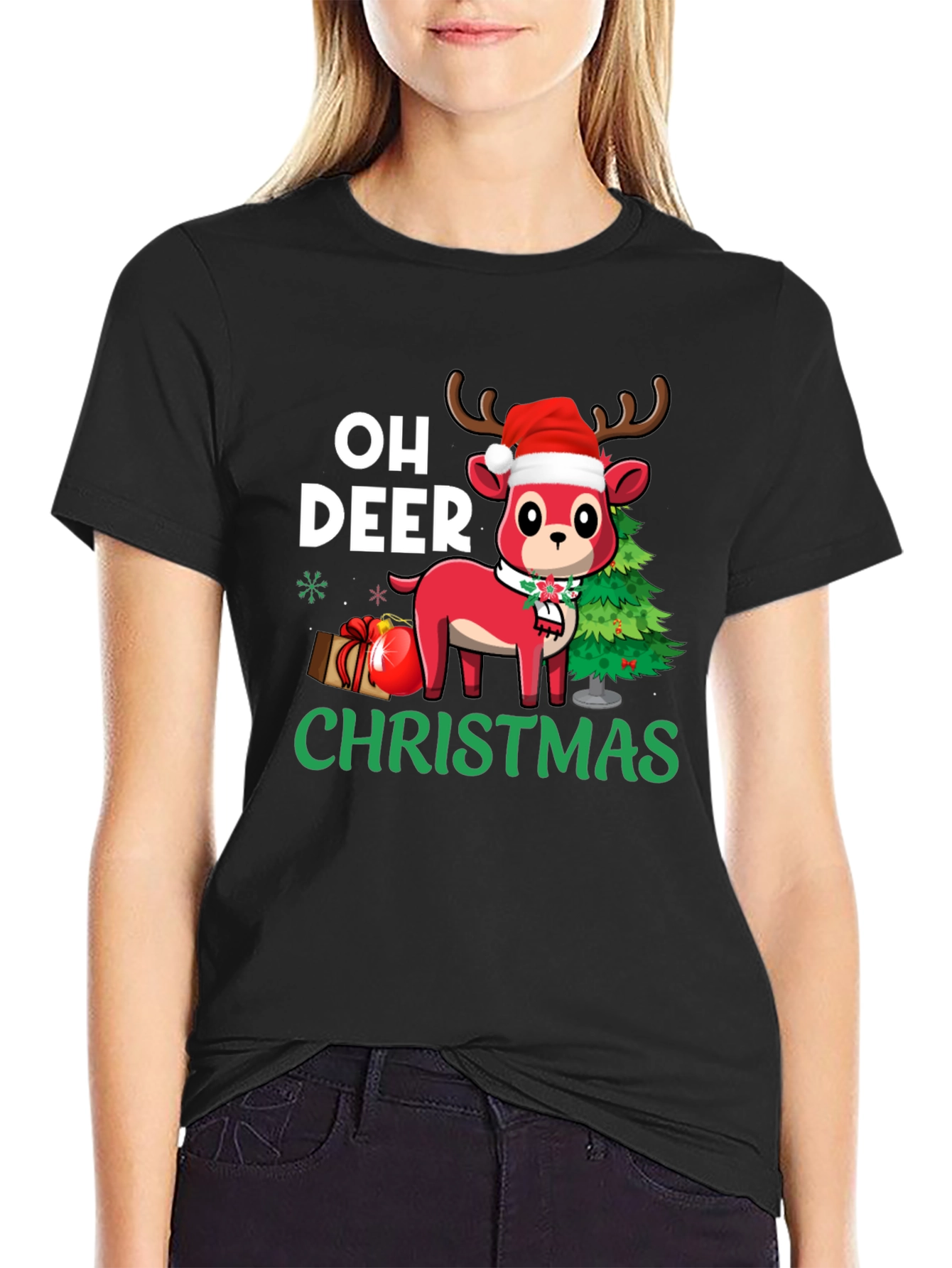 Oh Deer Christmas Black T-Shirt