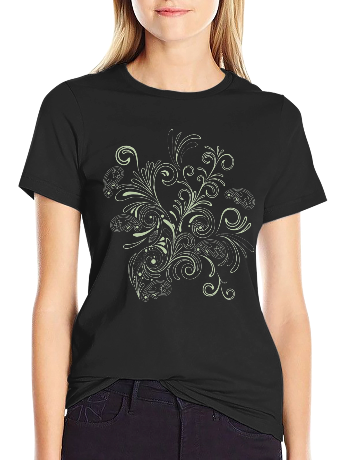 Mens Black T-Shirt with Floral Paisley Design