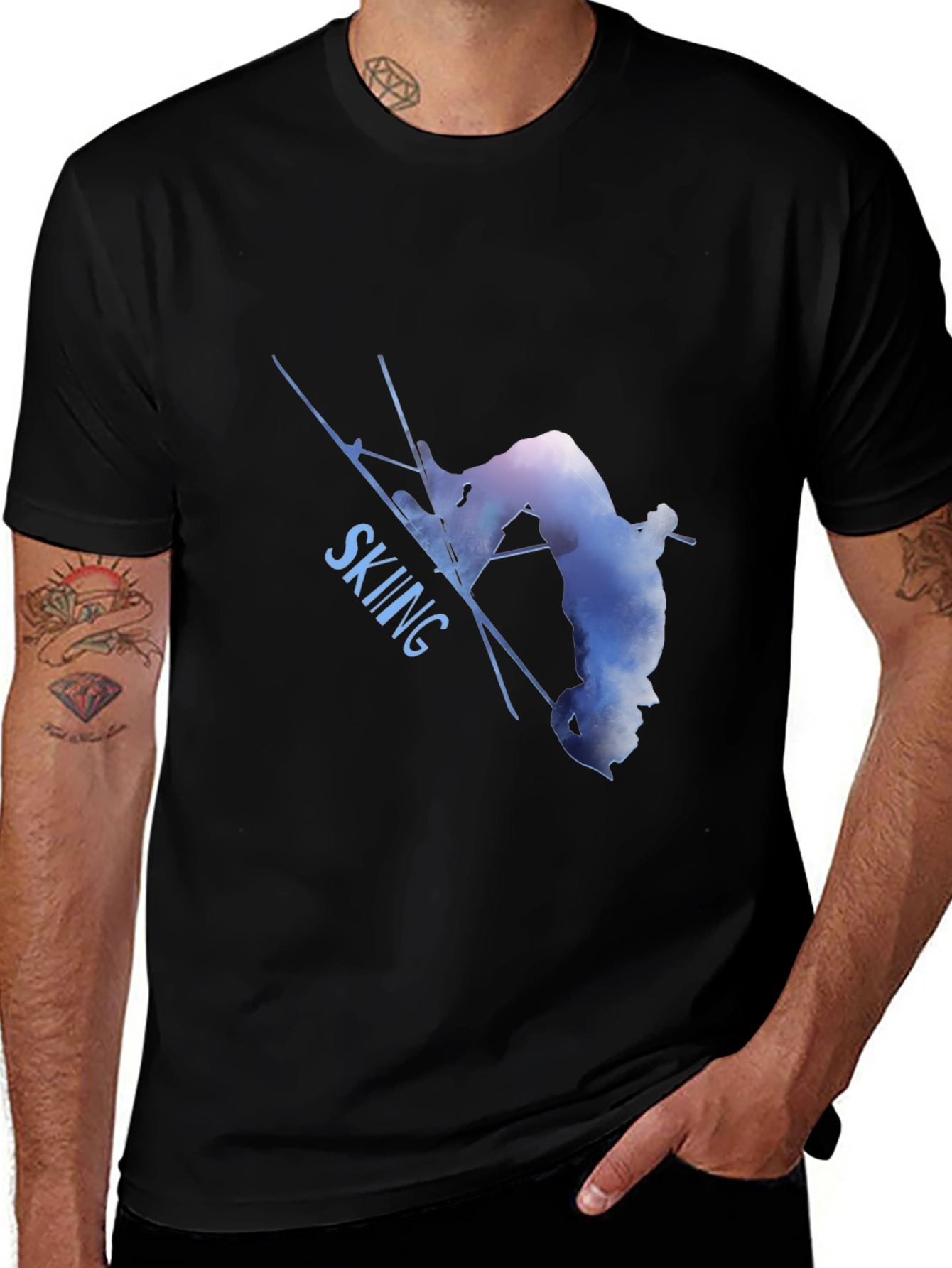 Skiing Silhouette Graphic Tee - Black Cotton Blend Shirt