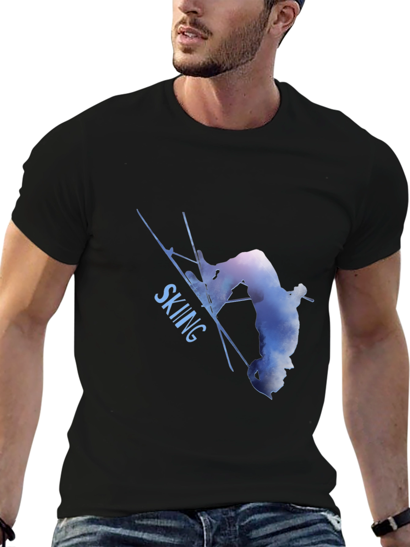 Skiing Silhouette Graphic Tee - Black Cotton Blend Shirt