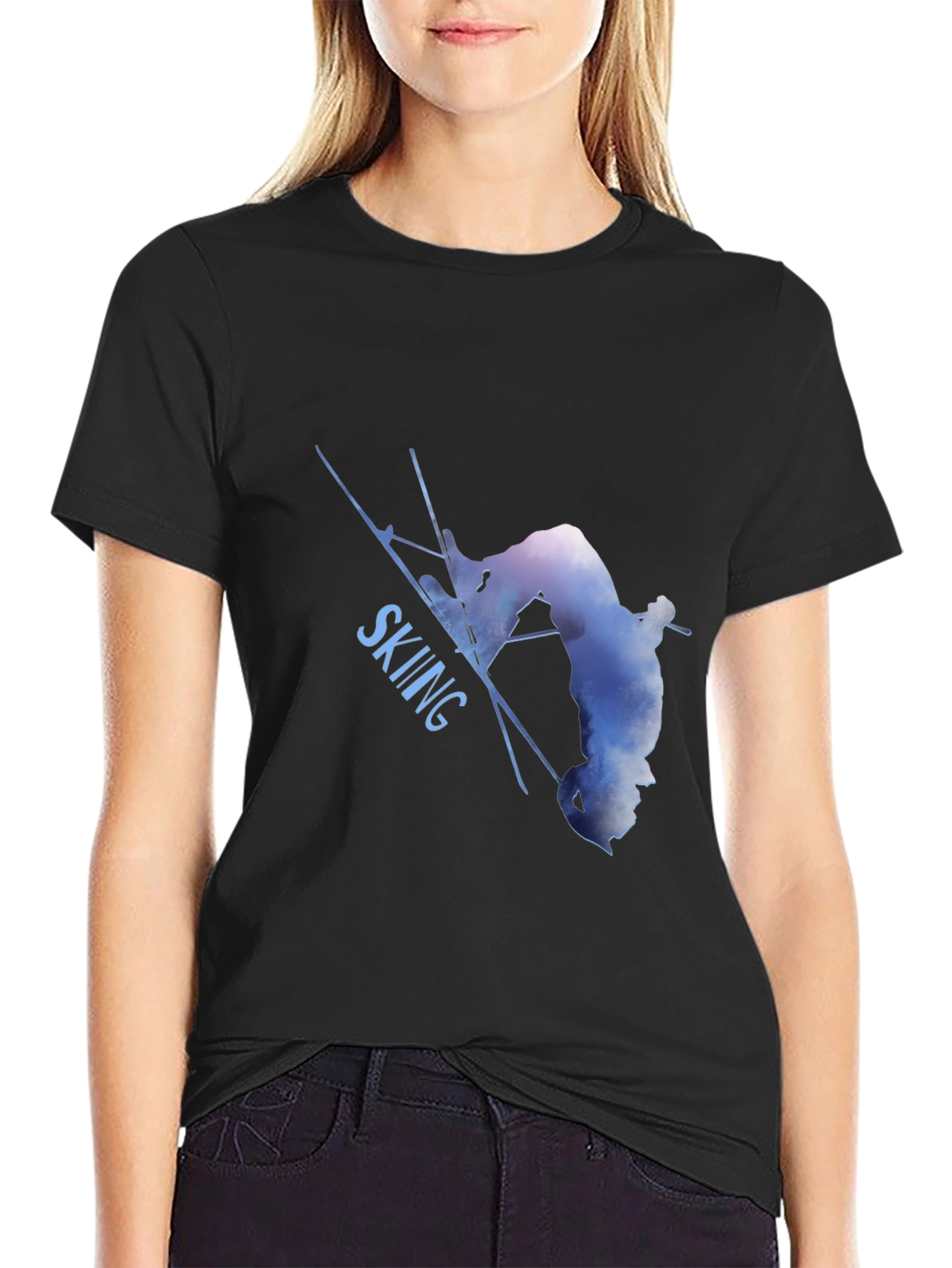 Skiing Silhouette Graphic Tee - Black Cotton Blend Shirt