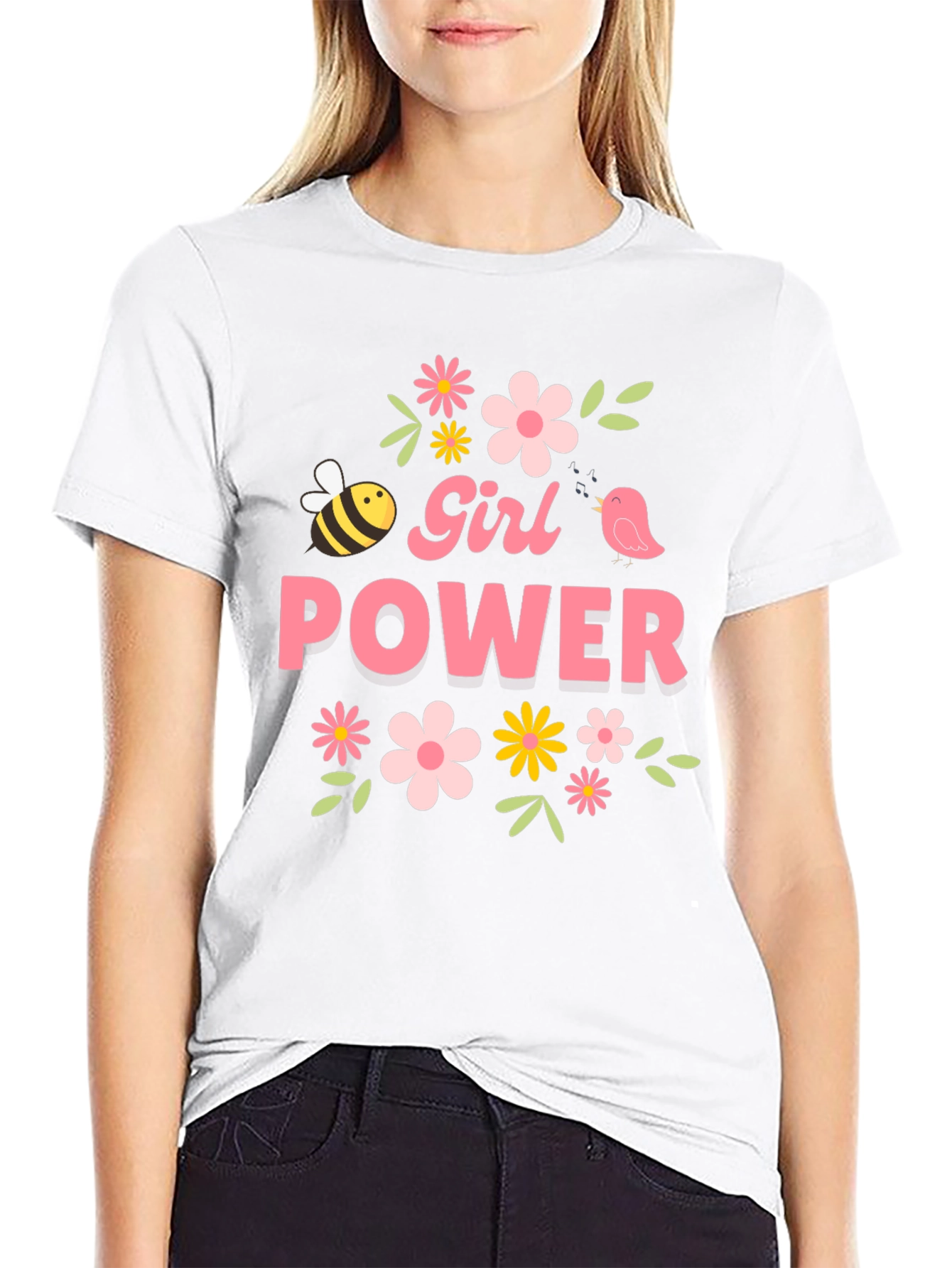 Girl Power Floral Graphic Tee - Black Cotton