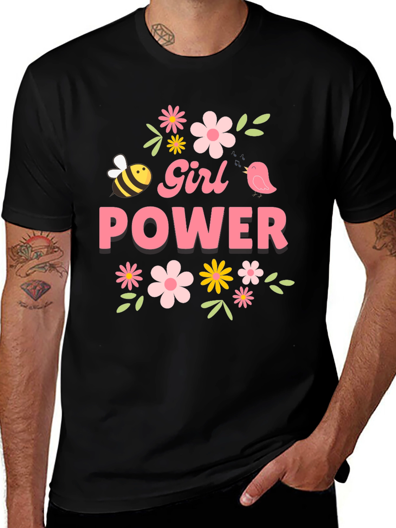 Girl Power Floral Graphic Tee - Black Cotton