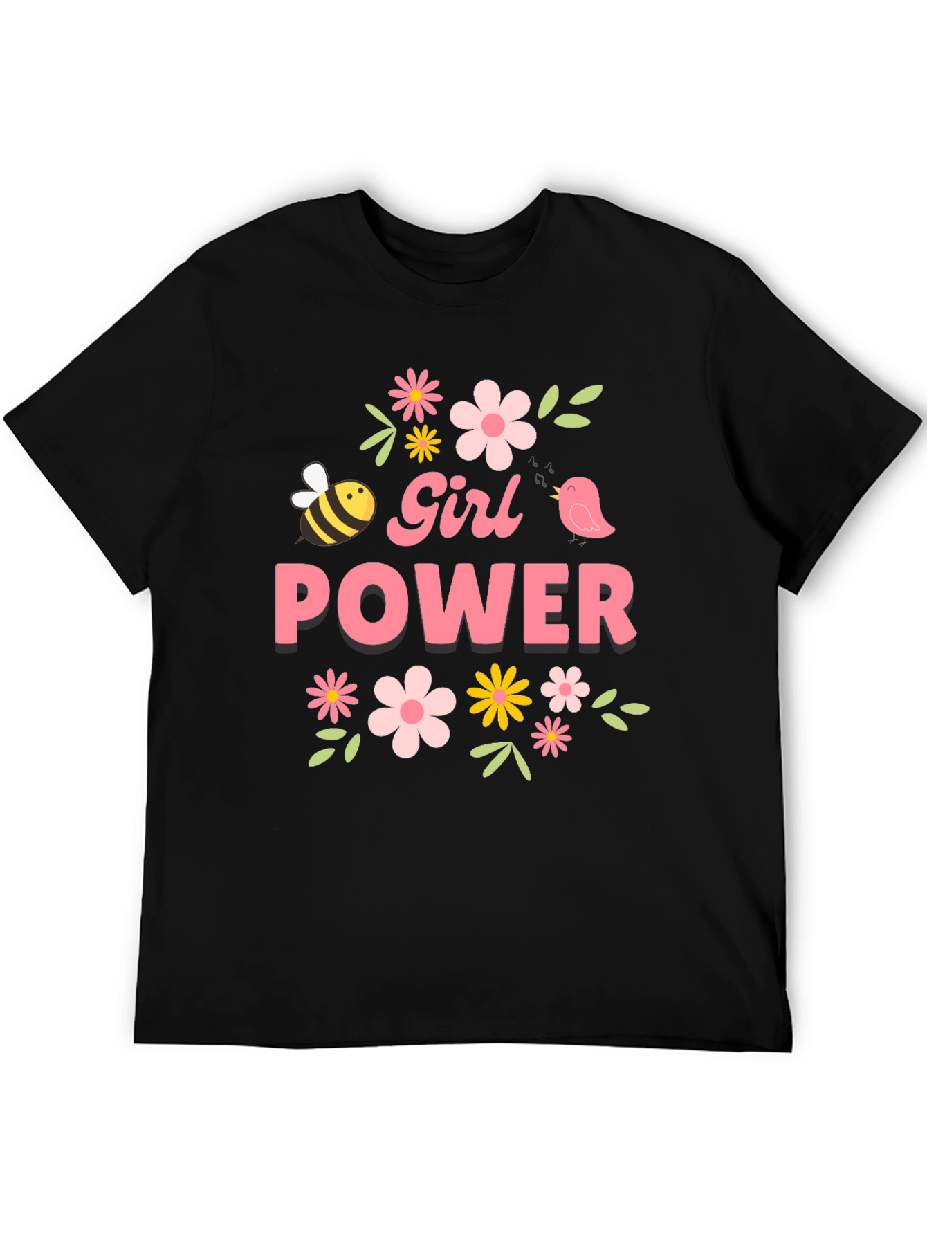 Girl Power Floral Graphic Tee - Black Cotton