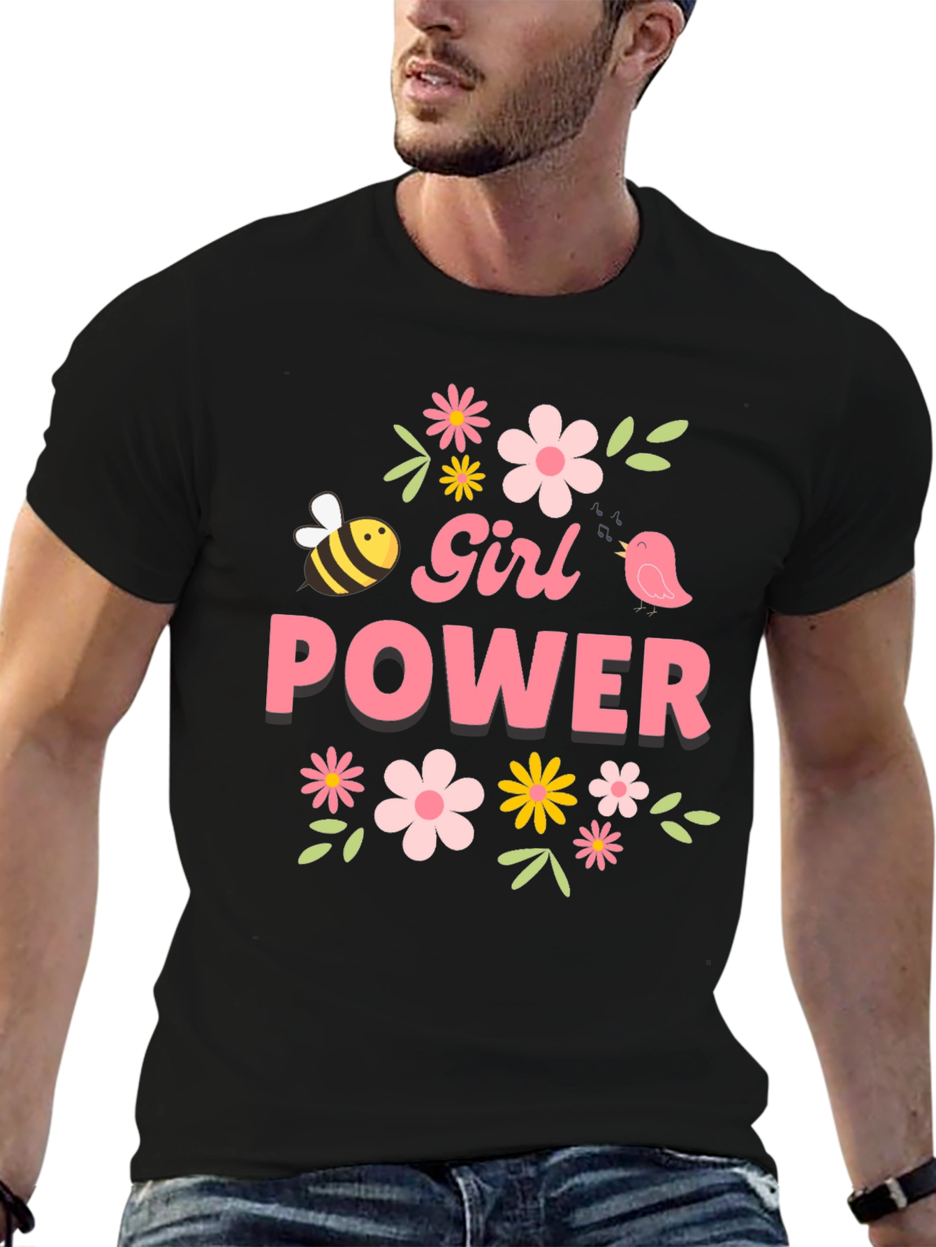 Girl Power Floral Graphic Tee - Black Cotton