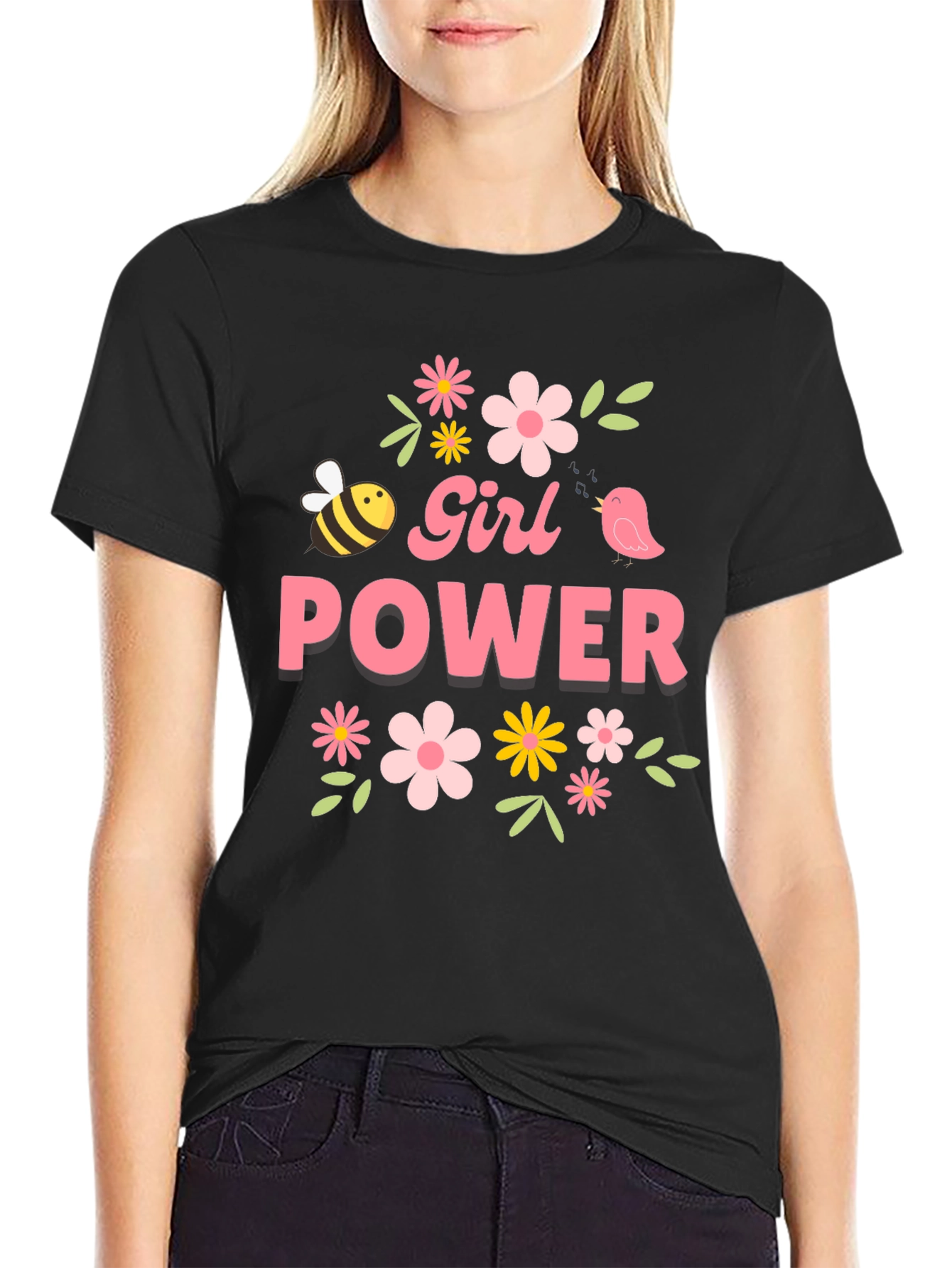 Girl Power Floral Graphic Tee - Black Cotton