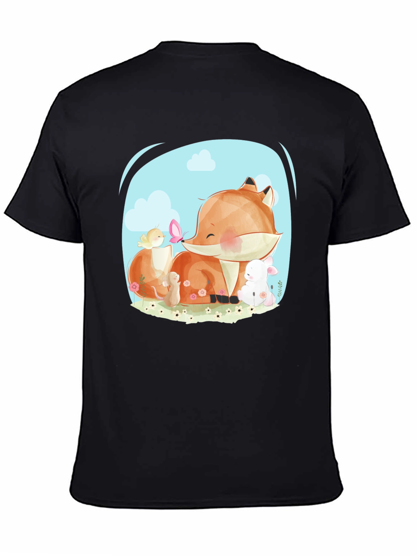 Cute Cartoon Fox & Friends Black T-Shirt