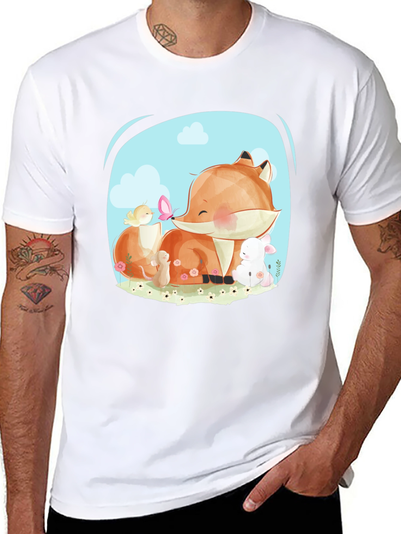Cute Cartoon Fox & Friends Black T-Shirt