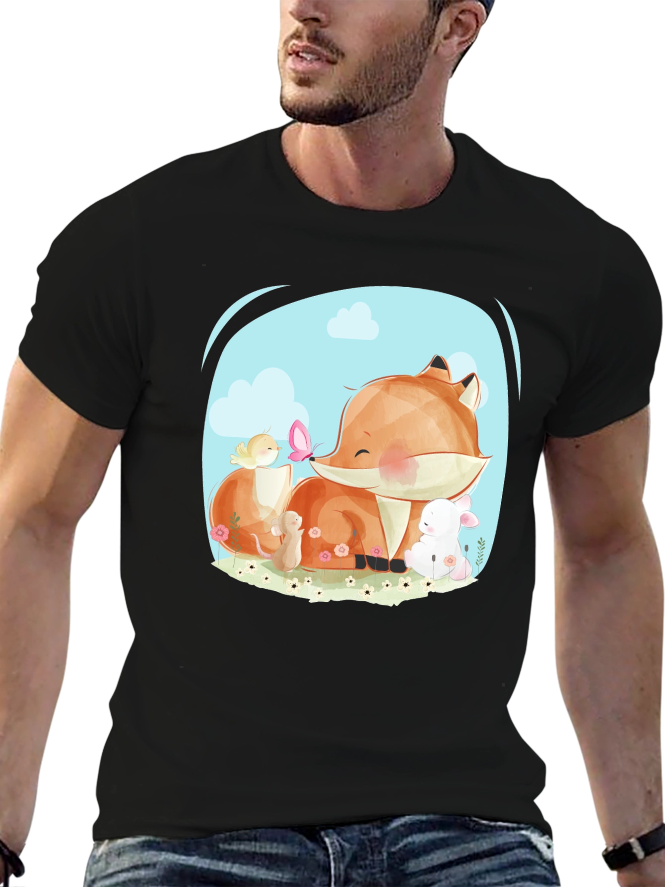 Cute Cartoon Fox & Friends Black T-Shirt