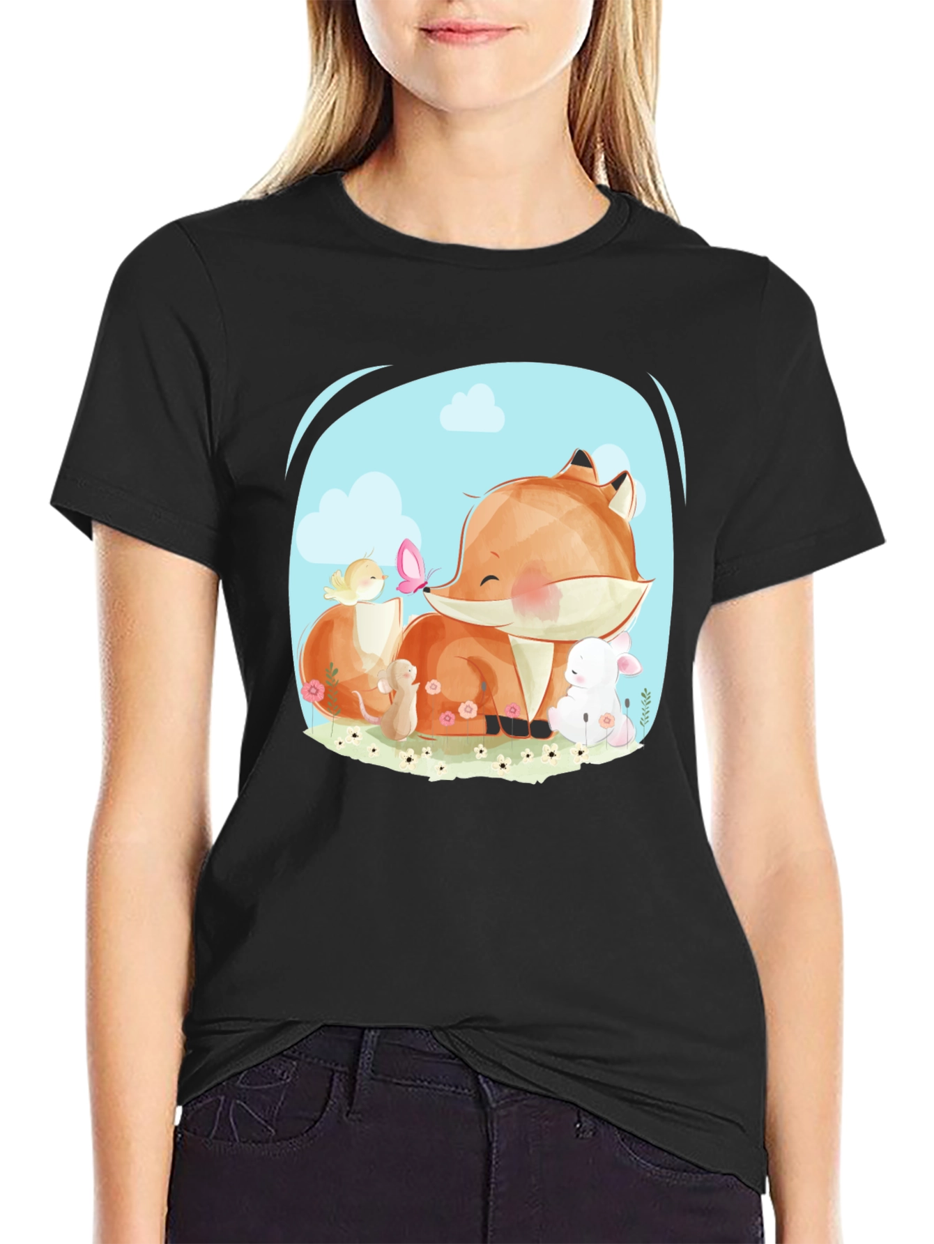 Cute Cartoon Fox & Friends Black T-Shirt