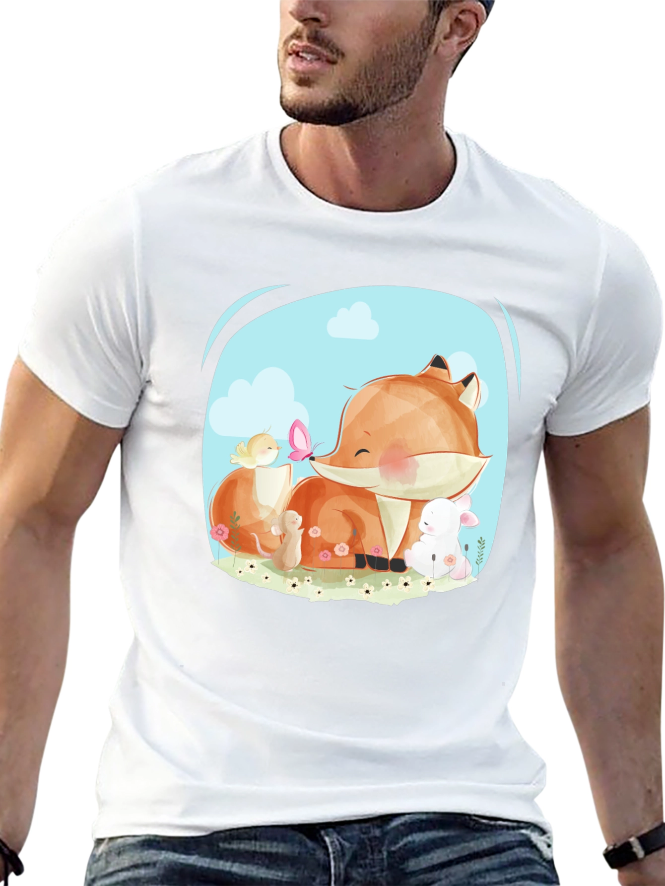 Cute Cartoon Fox & Friends Black T-Shirt