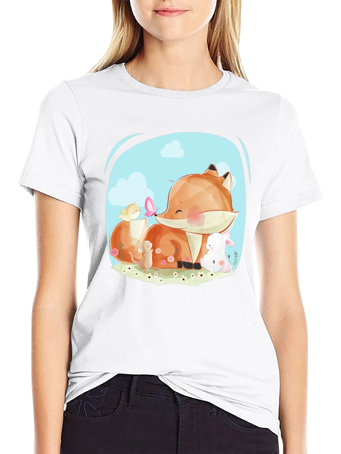 Cute Cartoon Fox & Friends Black T-Shirt