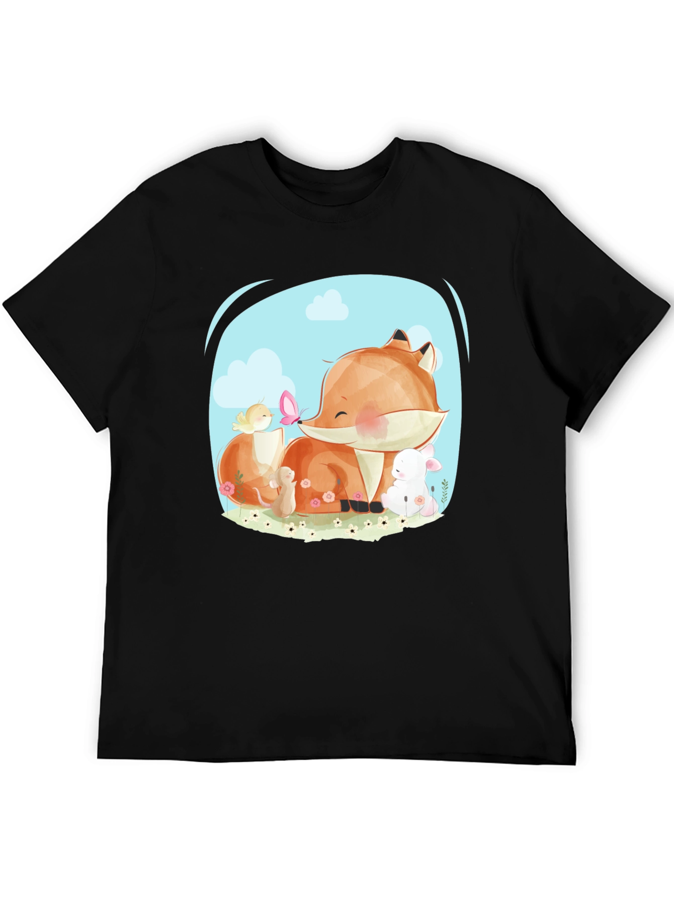 Cute Cartoon Fox & Friends Black T-Shirt
