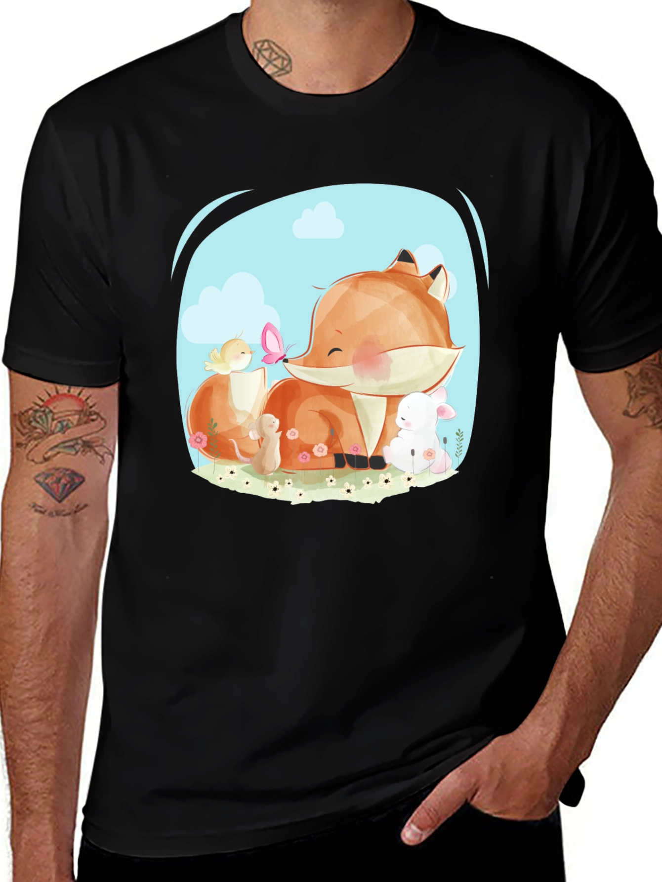 Cute Cartoon Fox & Friends Black T-Shirt