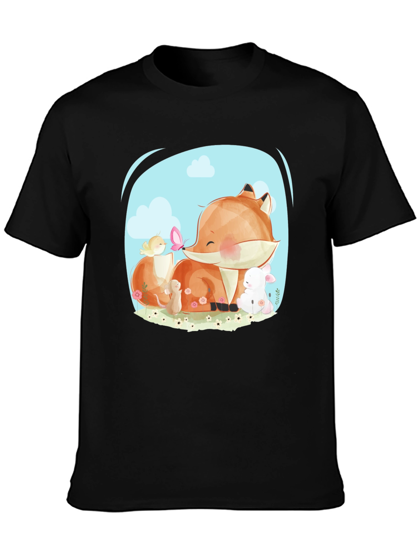 Cute Cartoon Fox & Friends Black T-Shirt