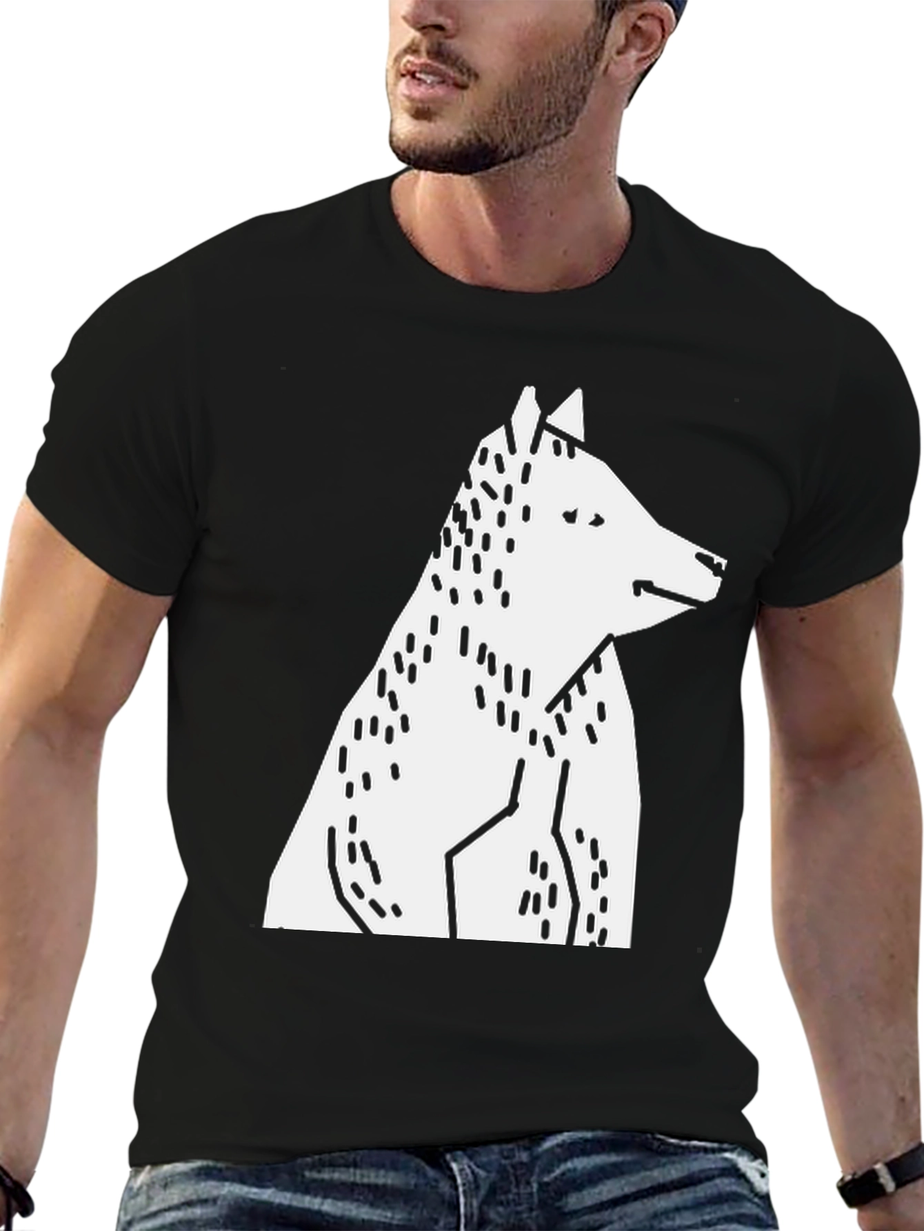 Abstract Geometric Wolf Graphic Tee - Black Cotton T-Shirt