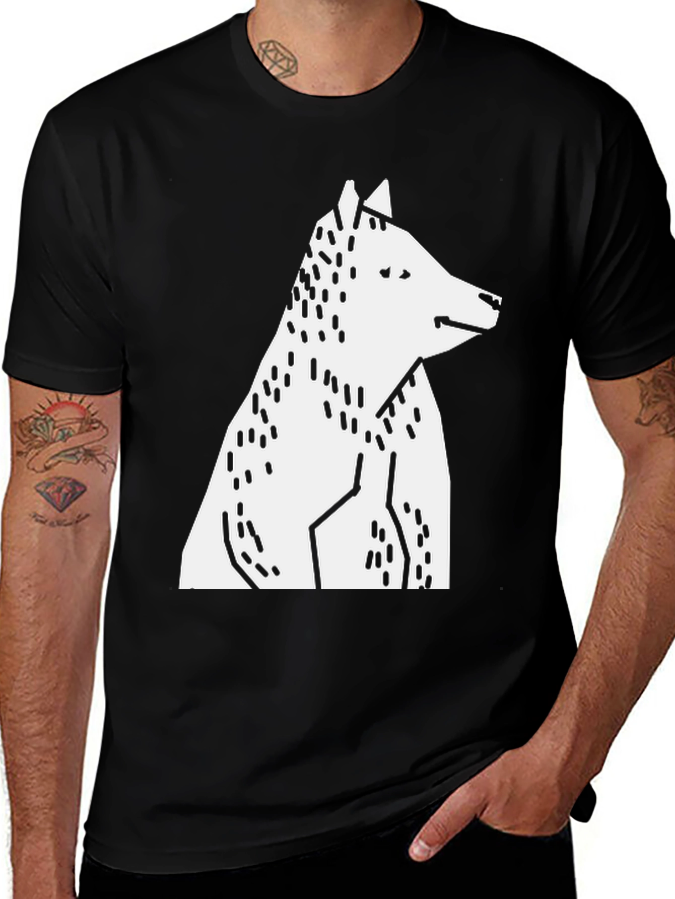 Abstract Geometric Wolf Graphic Tee - Black Cotton T-Shirt