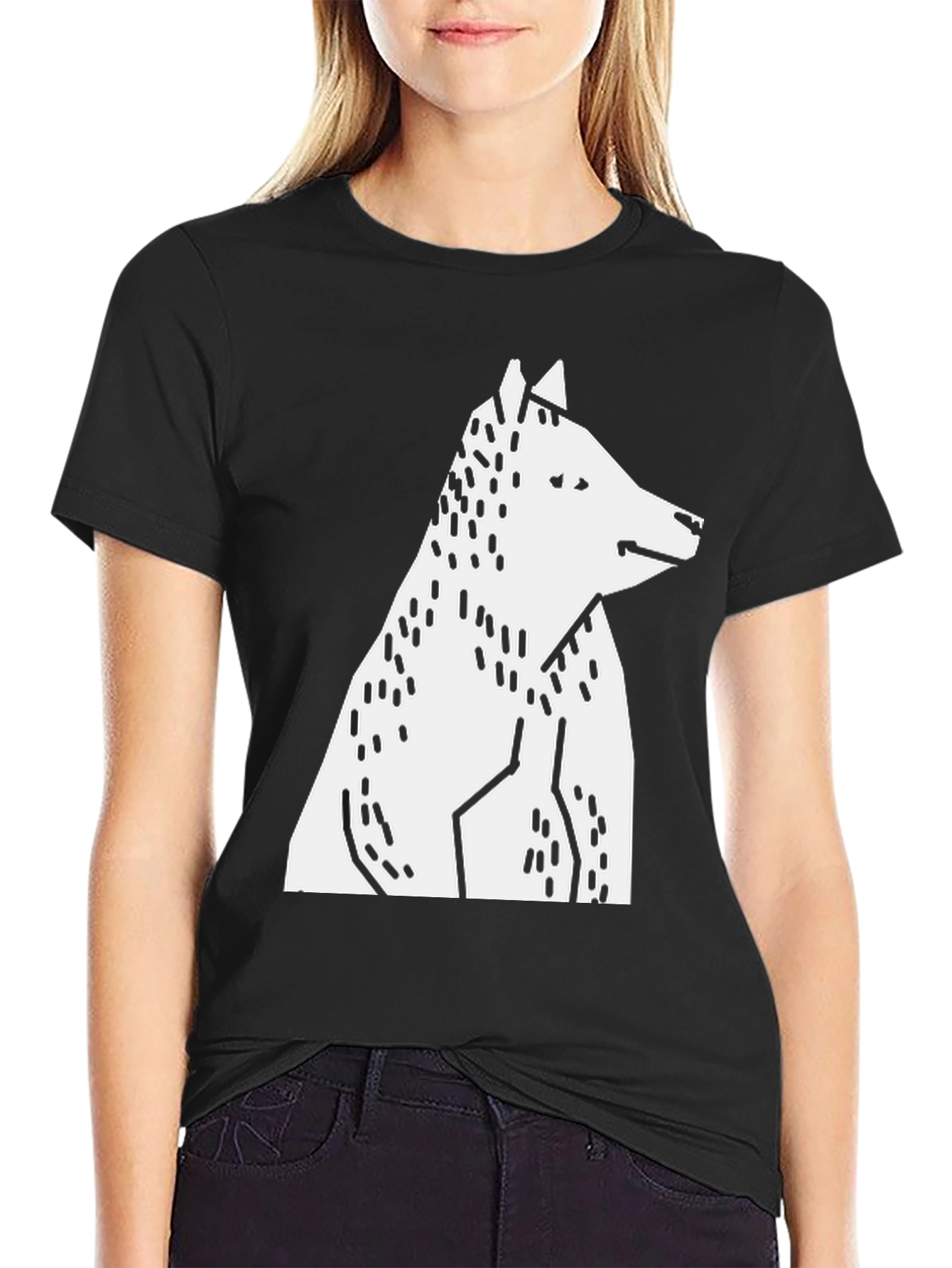 Abstract Geometric Wolf Graphic Tee - Black Cotton T-Shirt