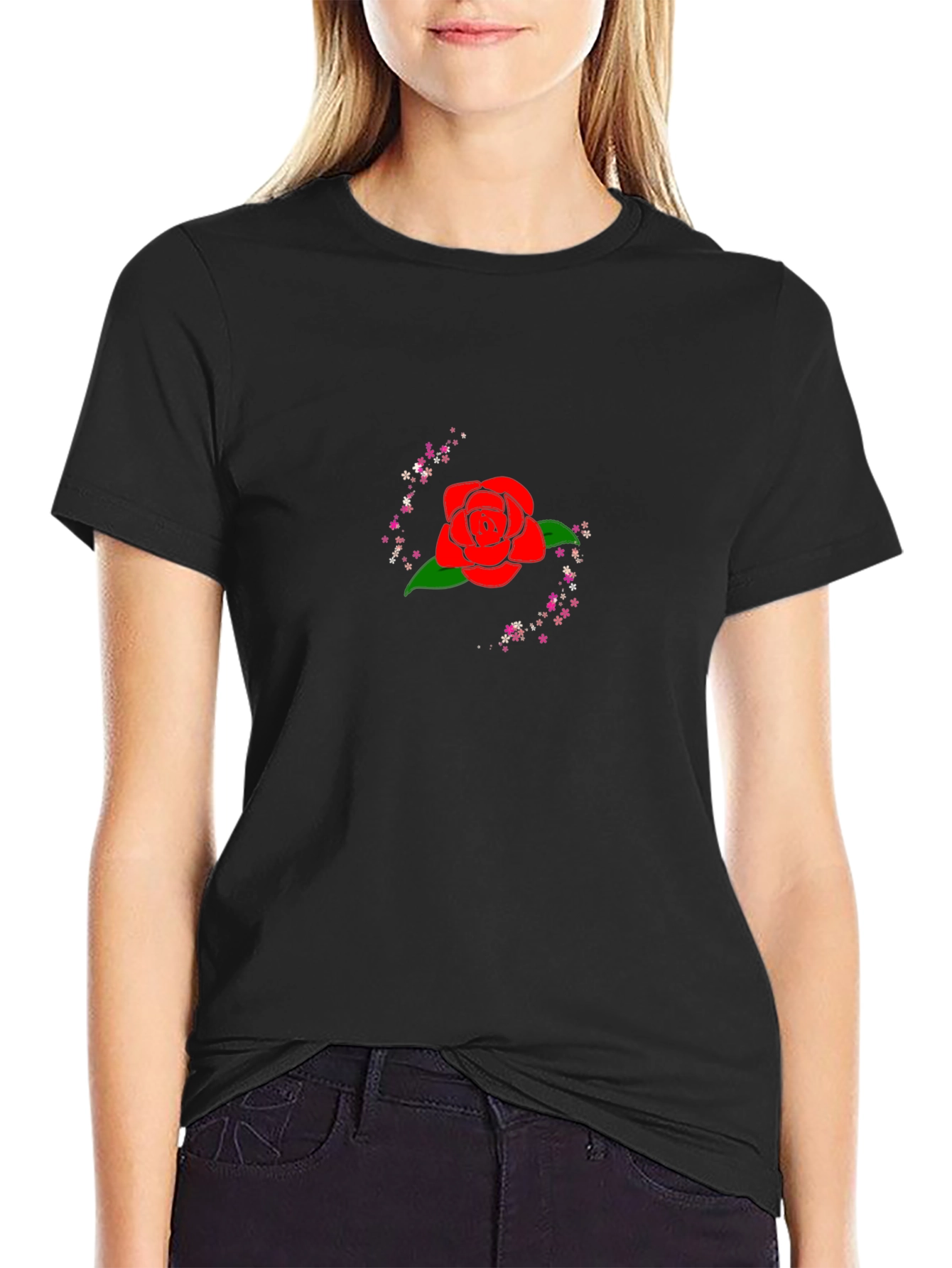 Rose Graphic Black Tee - Stylish Casual Wear