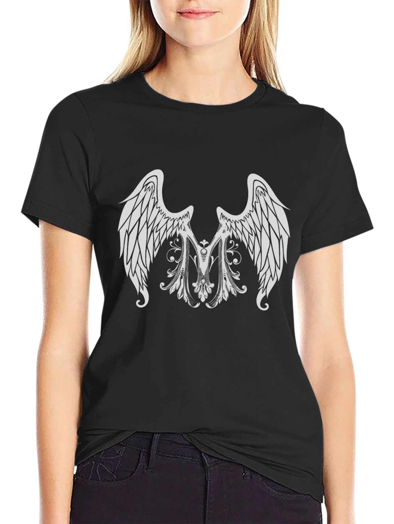 Black T-Shirt with Angel Wing Graphic