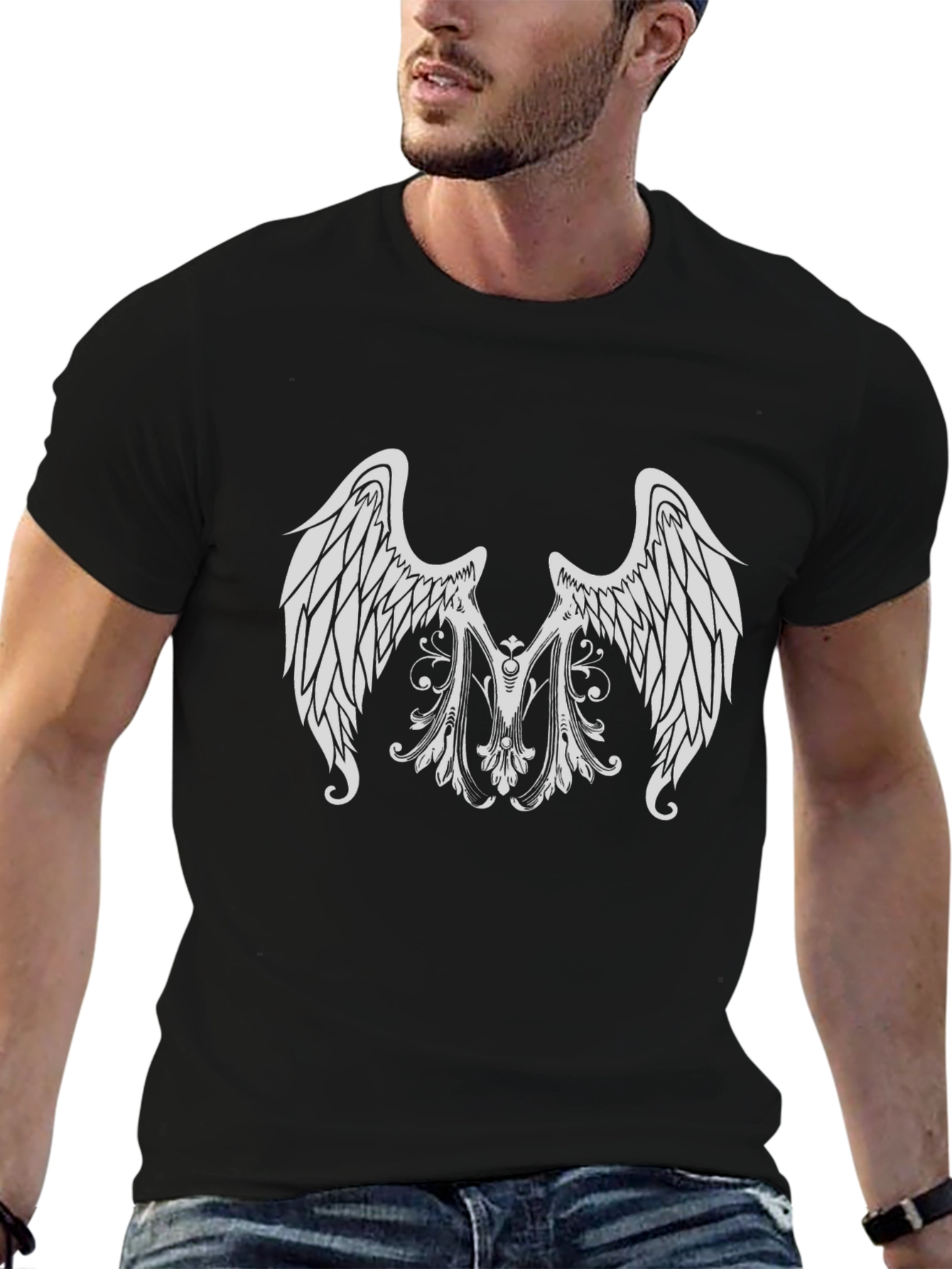 Black T-Shirt with Angel Wing Graphic