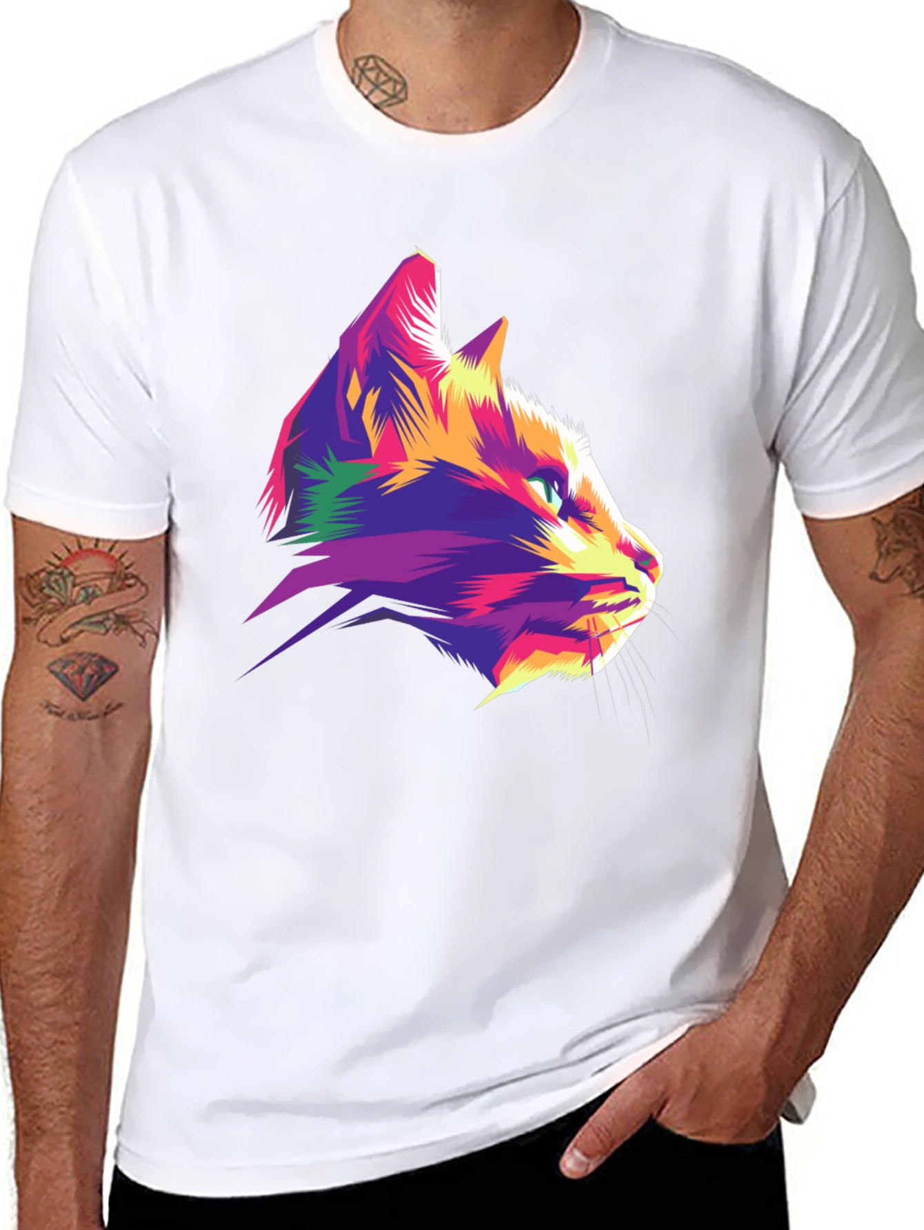 Vibrant Cat Graphic Tee - Stylish Mens Black T-Shirt